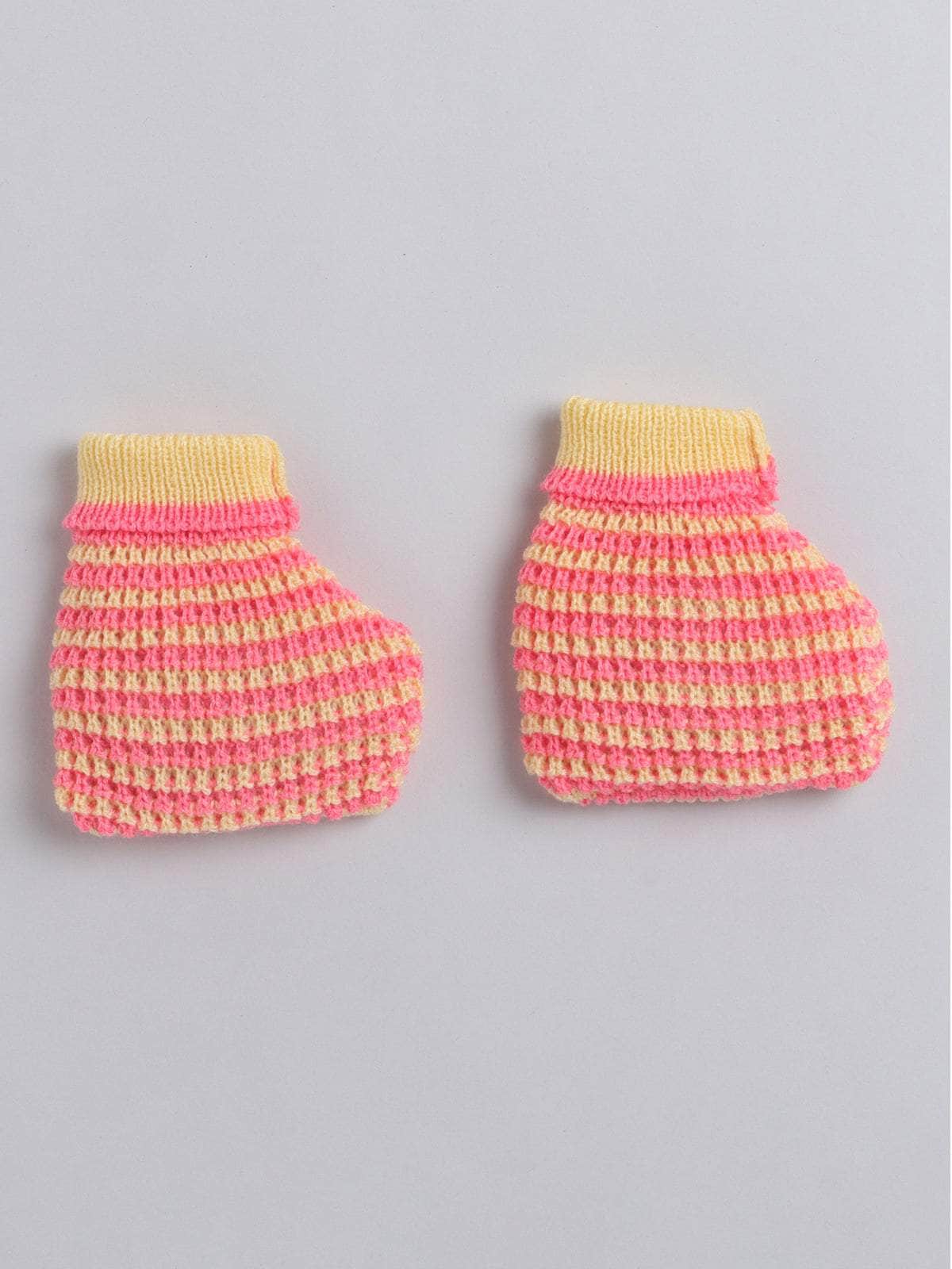 Little Angels Little Angels Sweater Set Baby Wool Full Sleeves V-Neck Striped Yellow & Neon Pink 3-Piece Set Sweater Sets Tickle Twill Baby Knit Set