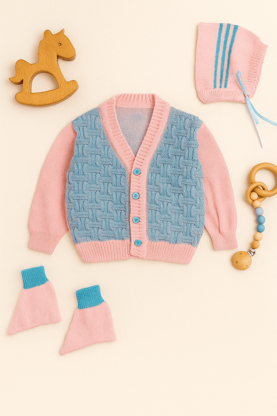 Blue & Pink basketweave knit 3-piece baby wool sweater set for baby 6-12 months by Little Angels