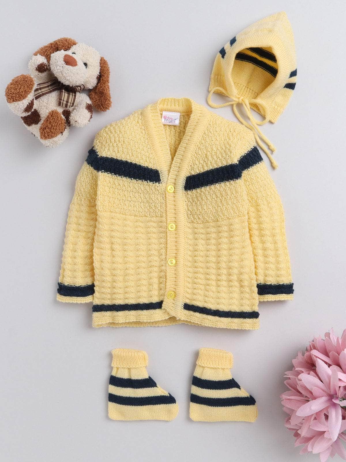 Yellow & Navy striped 3-piece baby wool sweater set for newborn 0-12 months by Little Angels