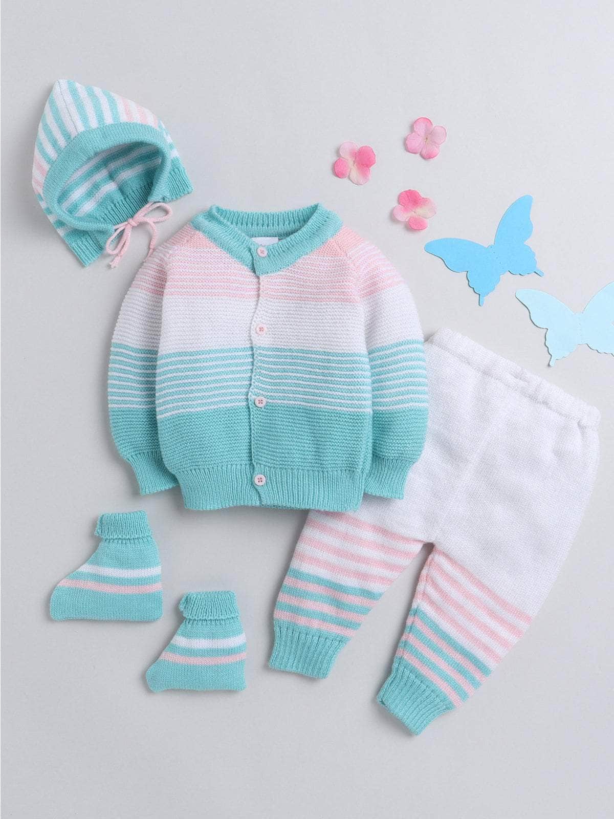 Little Angels Little Angels V-Neck Full Sleeves Striped Royal Blue & Mustard Cardigan, Pants, Cap & Socks Sweater Sets Tiny Sailor Stripes Set