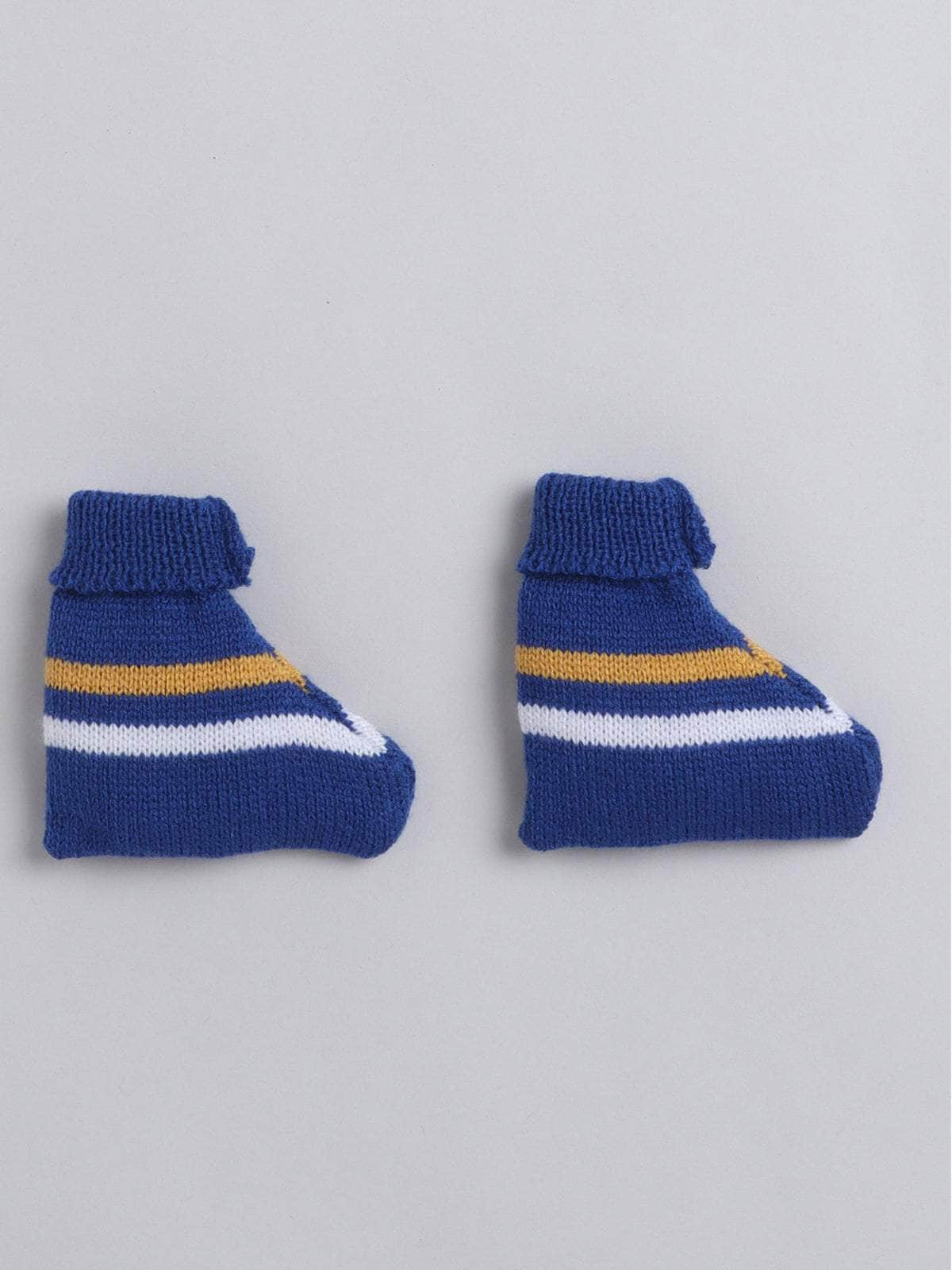 Little Angels Little Angels V-Neck Full Sleeves Striped Royal Blue & Mustard Cardigan, Pants, Cap & Socks Sweater Sets Tiny Sailor Stripes Set