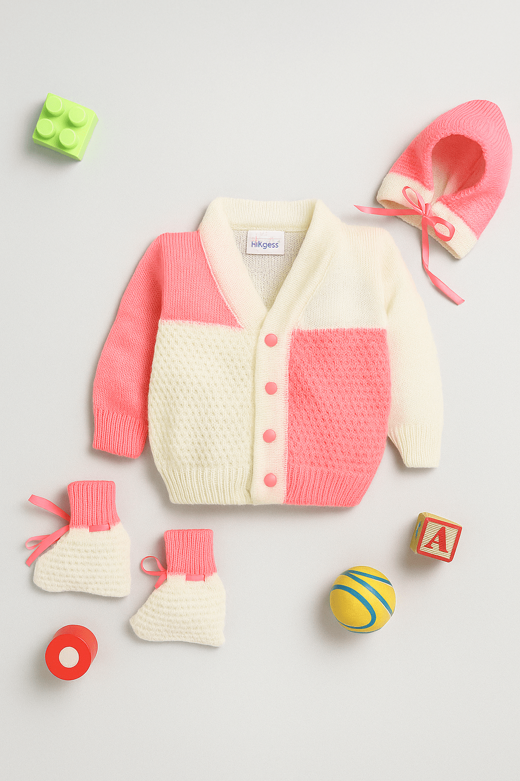 Little Angels Little Angels Sweater Set Baby Wool Full Sleeves V-Neck Color-Block Navy & Red 3-Piece Set Sweater Sets Tiny Spark Soft Knit Set 0-3M / Cream & NeonPink / Baby Wool