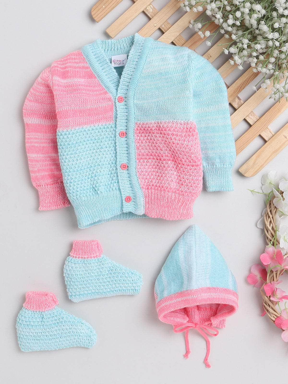 Little Angels Little Angels Sweater Set Baby Wool Full Sleeves V-Neck Color-Block Navy & Red 3-Piece Set Sweater Sets Tiny Spark Soft Knit Set 0-3M / Green & Neon Pink / Baby Wool