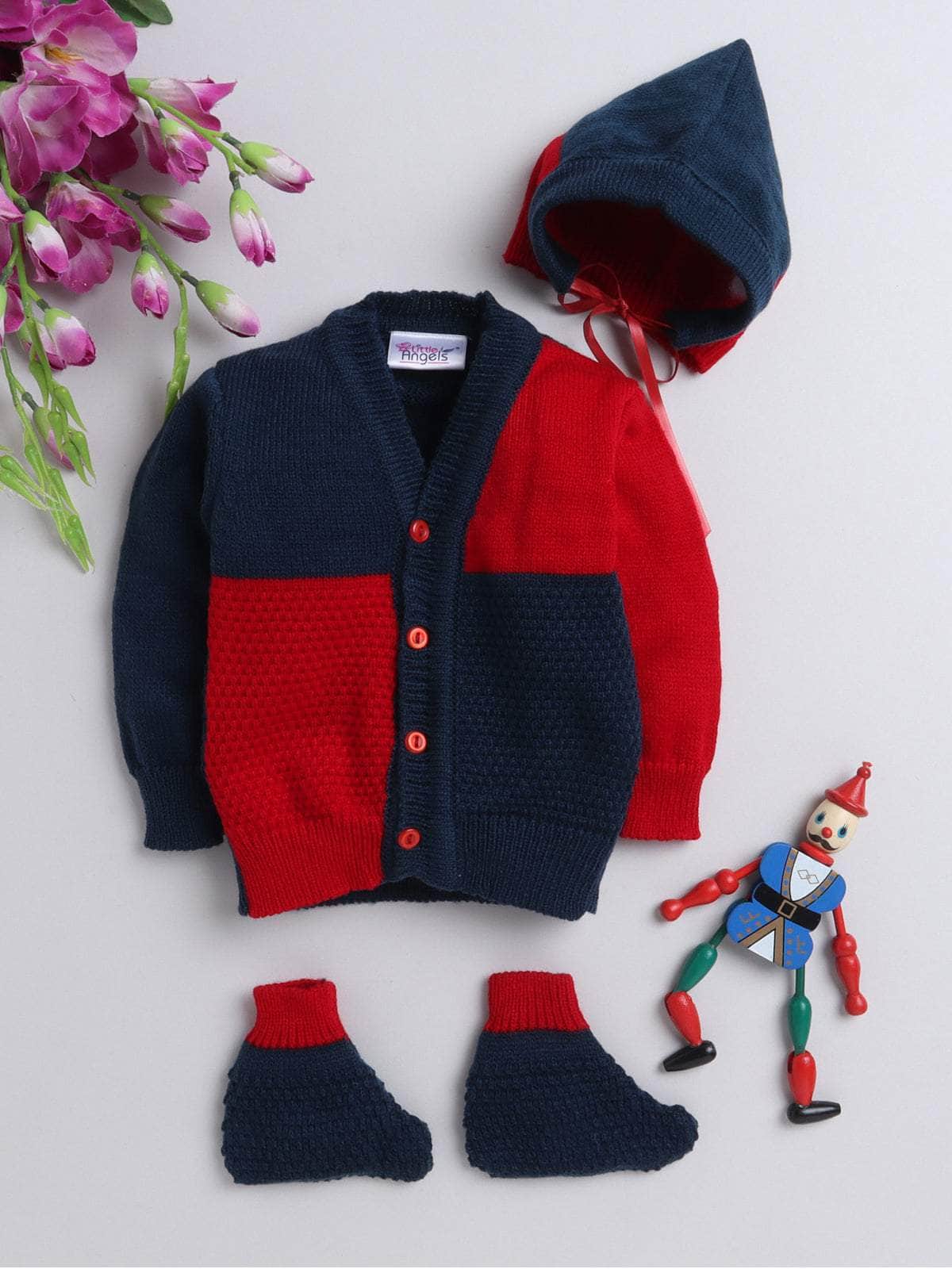 Navy & Red colour-block 3-piece baby wool sweater set for newborn 0-12 months by Little Angels