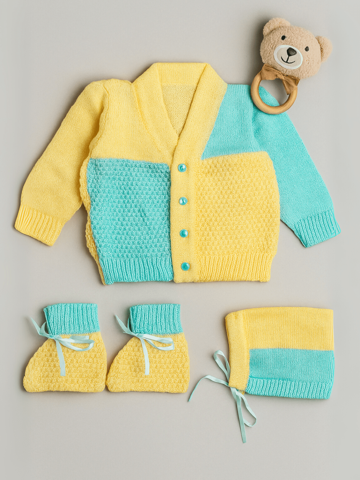 Little Angels Little Angels Sweater Set Baby Wool Full Sleeves V-Neck Color-Block Navy & Red 3-Piece Set Sweater Sets Tiny Spark Soft Knit Set 0-3M / Yellow & Green / Baby Wool