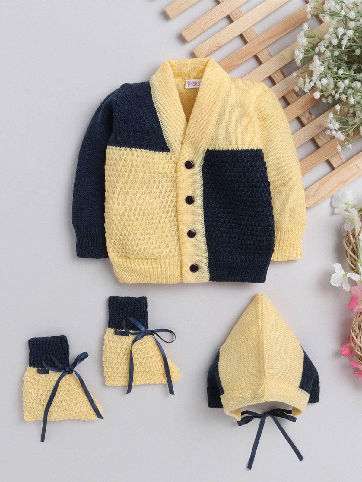 Little Angels Little Angels Sweater Set Baby Wool Full Sleeves V-Neck Color-Block Navy & Red 3-Piece Set Sweater Sets Tiny Spark Soft Knit Set 0-3M / Yellow & Navy / Baby Wool