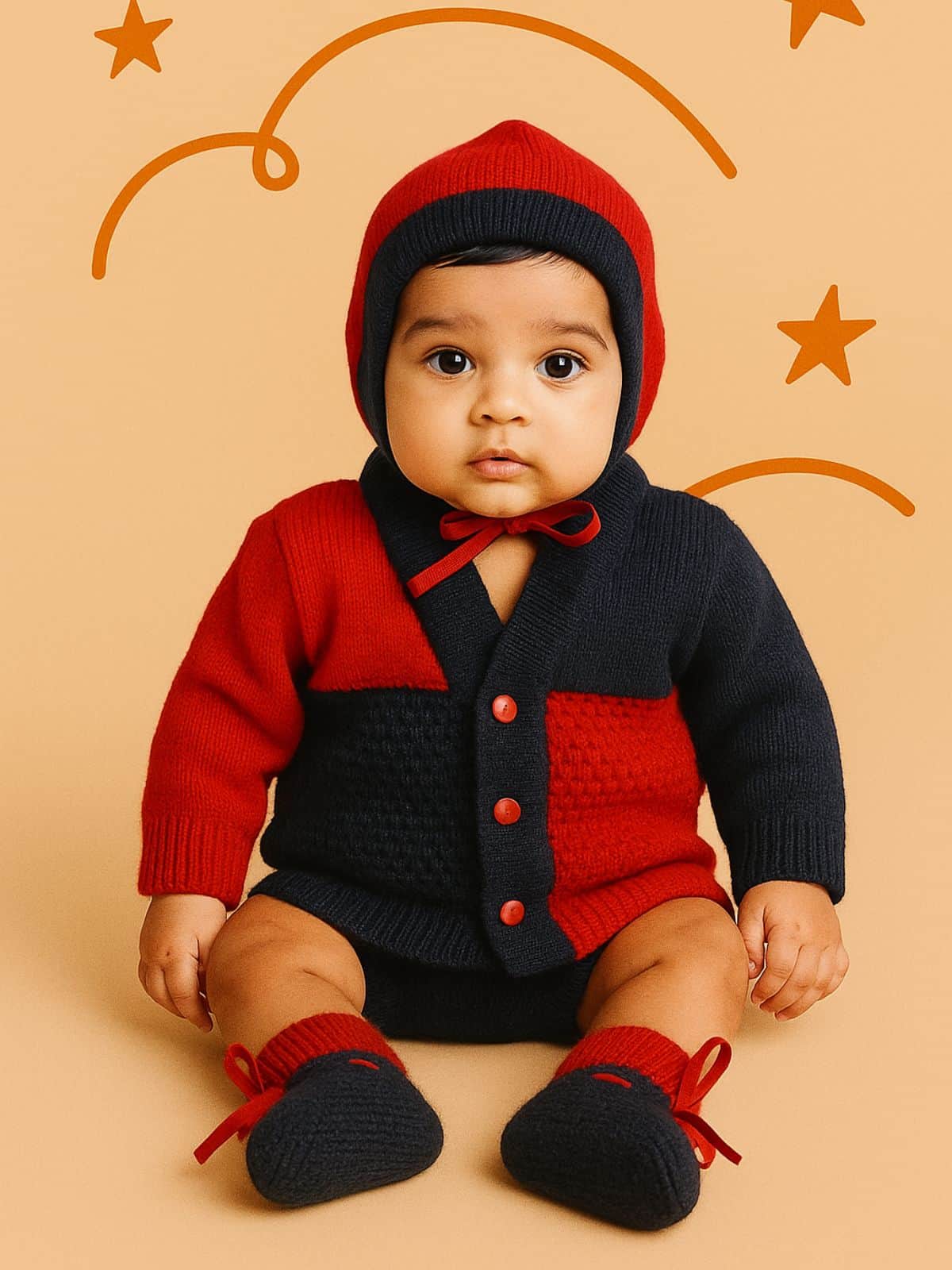 Little Angels Little Angels Sweater Set Baby Wool Full Sleeves V-Neck Color-Block Navy & Red 3-Piece Set Sweater Sets Tiny Spark Soft Knit Set