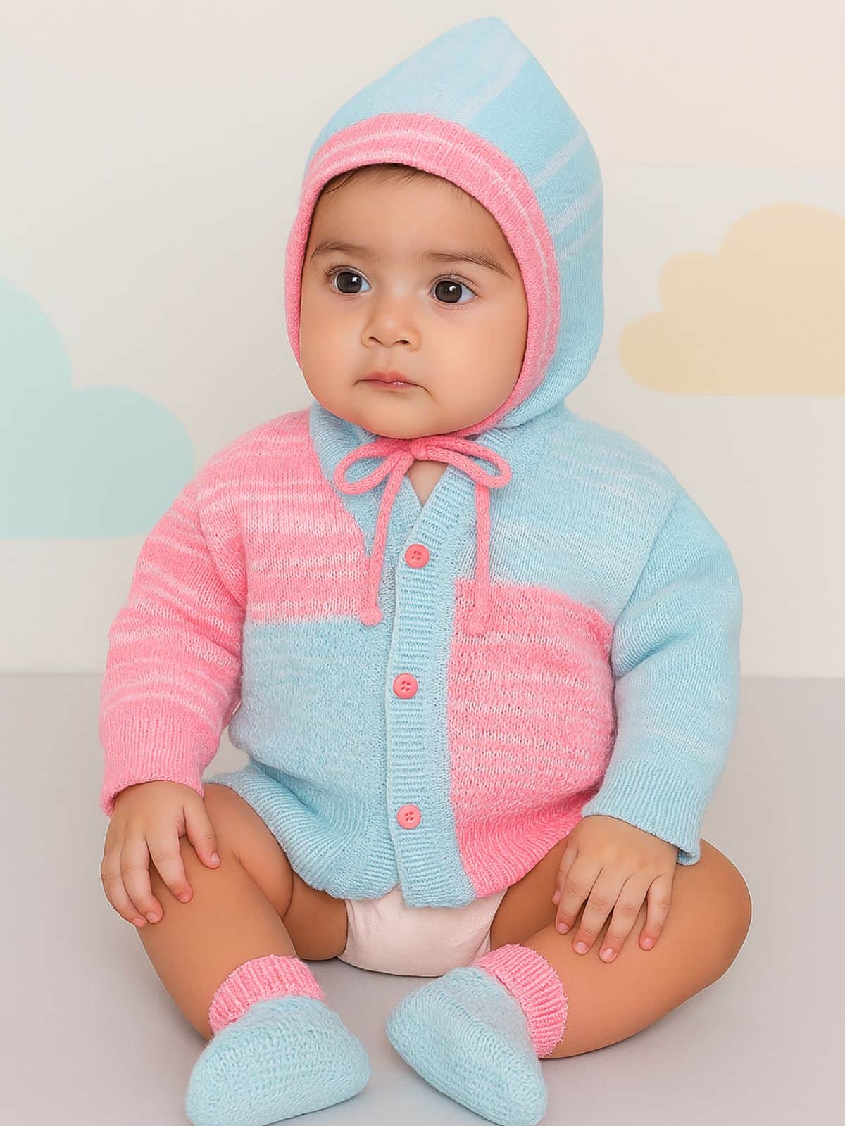 Little Angels Little Angels Sweater Set Baby Wool Full Sleeves V-Neck Color-Block Navy & Red 3-Piece Set Sweater Sets Tiny Spark Soft Knit Set