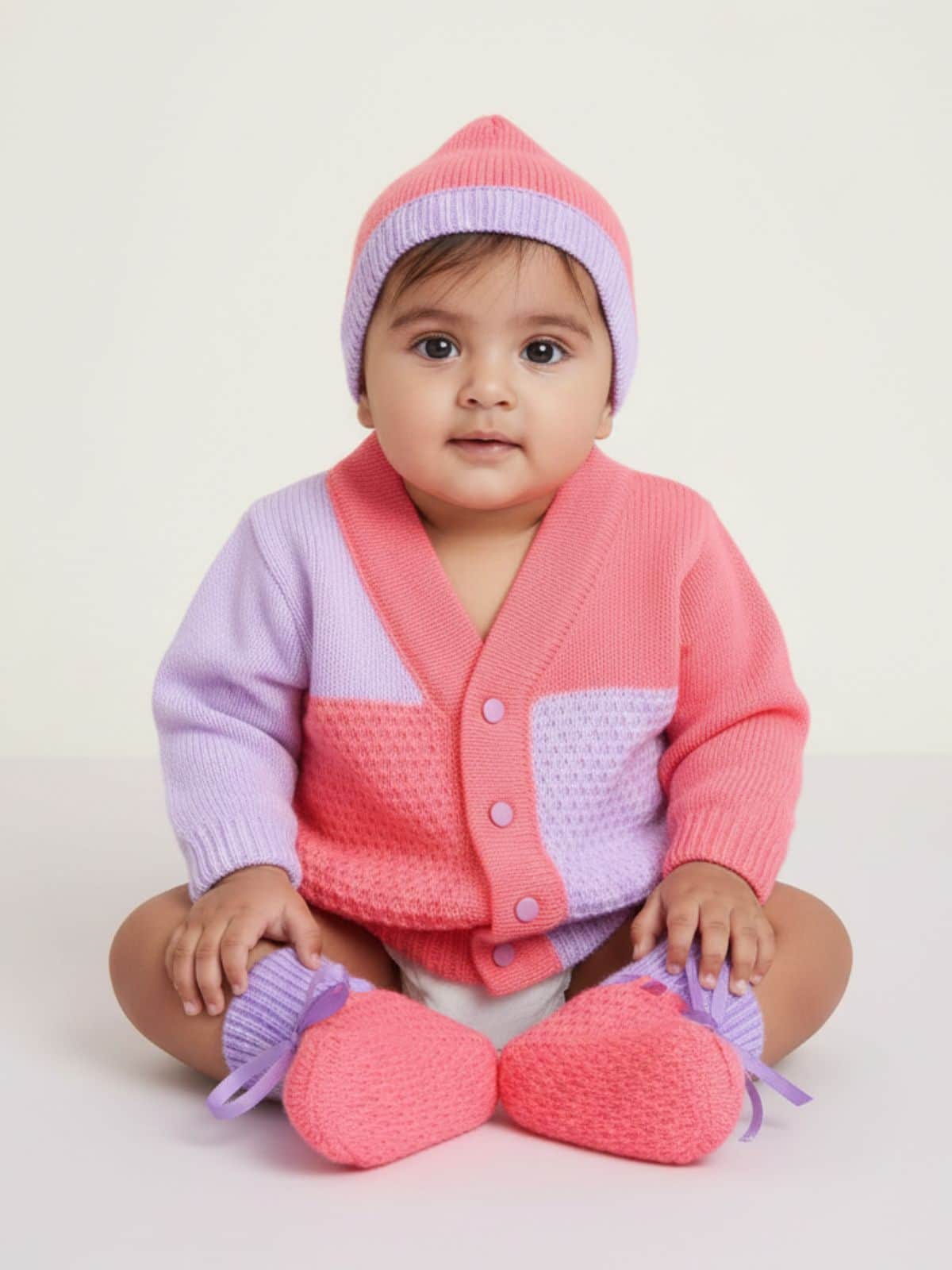 Little Angels Little Angels Sweater Set Baby Wool Full Sleeves V-Neck Color-Block Yellow & Green 3-Piece Set Sweater Sets Tiny Spark Soft Knit Set 6-12 M / Neon Pink & Violet / Soft Wool