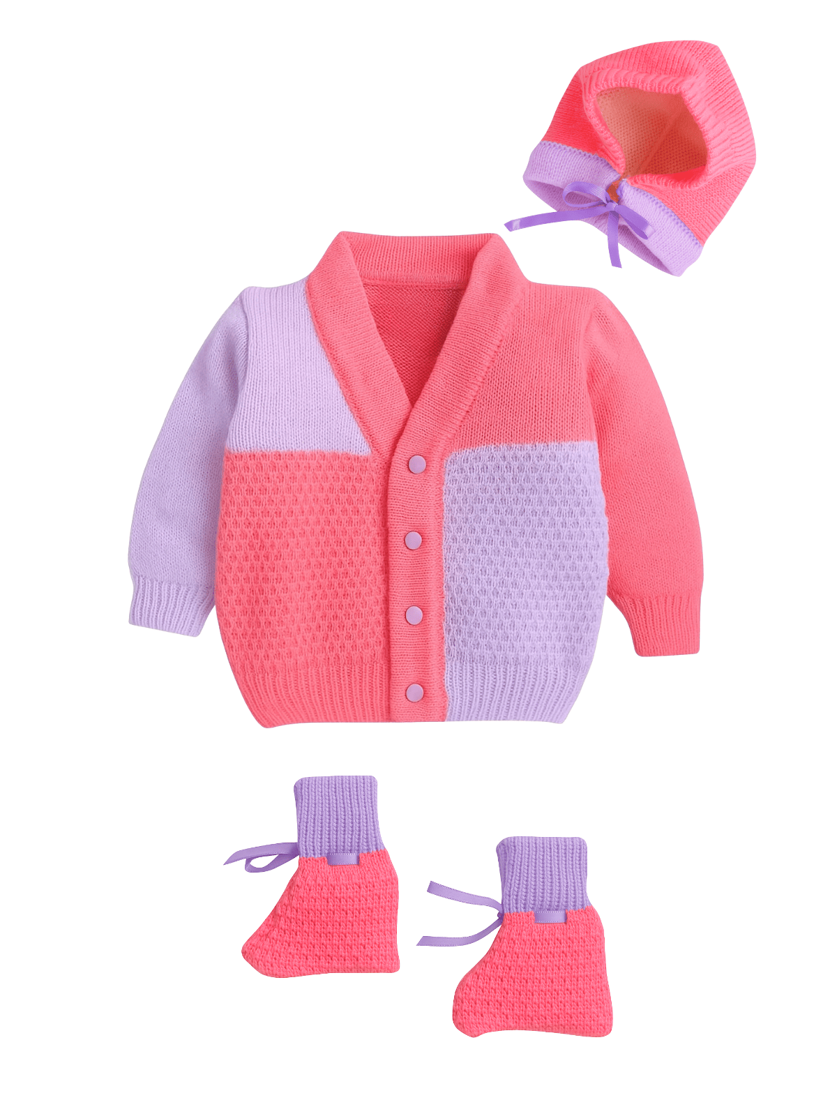 Little Angels Little Angels Sweater Set Baby Wool Full Sleeves V-Neck Color-Block Yellow & Green 3-Piece Set Sweater Sets Tiny Spark Soft Knit Set 6-12 M / Neon Pink & Violet / Soft Wool