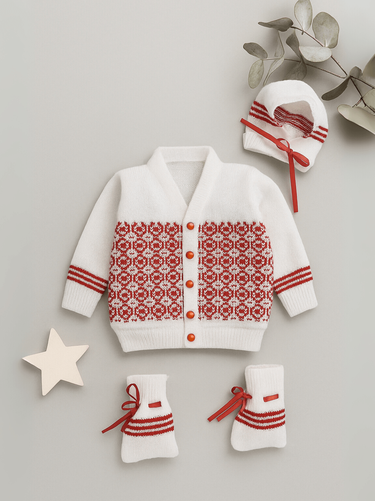Red fair isle knit 3-piece baby wool sweater set for baby 6-12 months by Little Angels