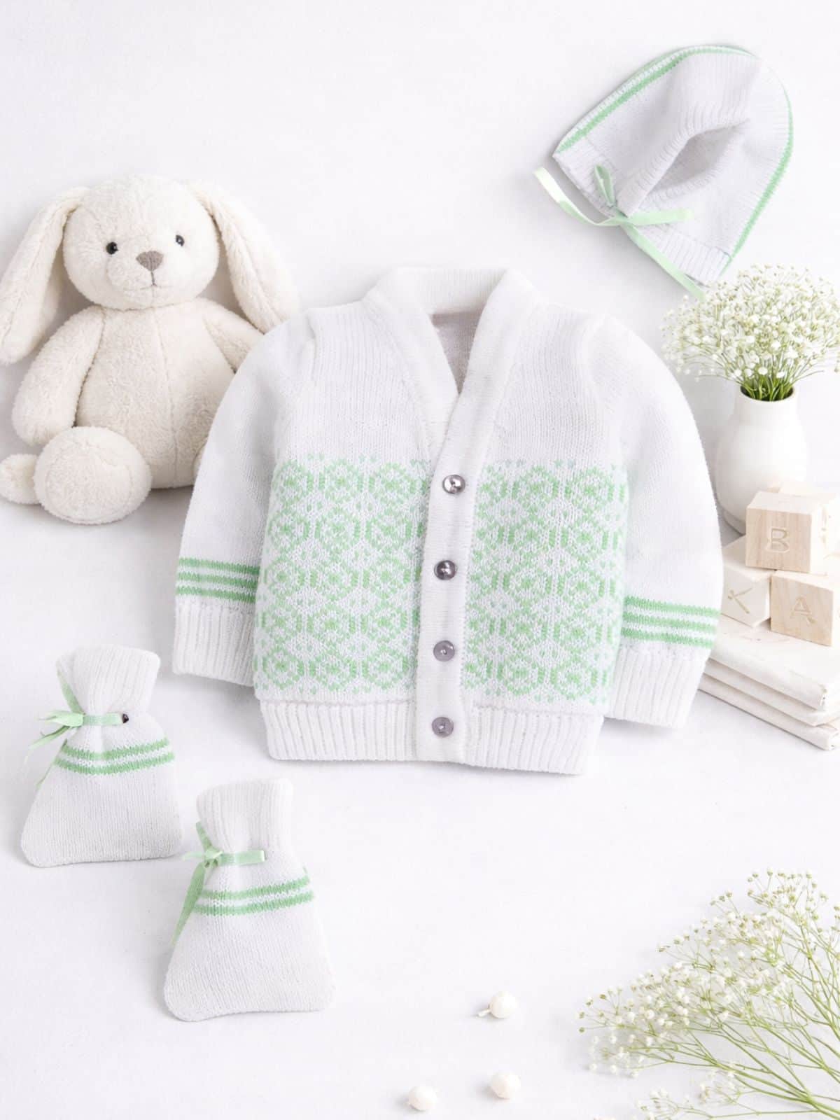 Green 3-piece baby wool sweater set for baby 6-12 months by Little Angels