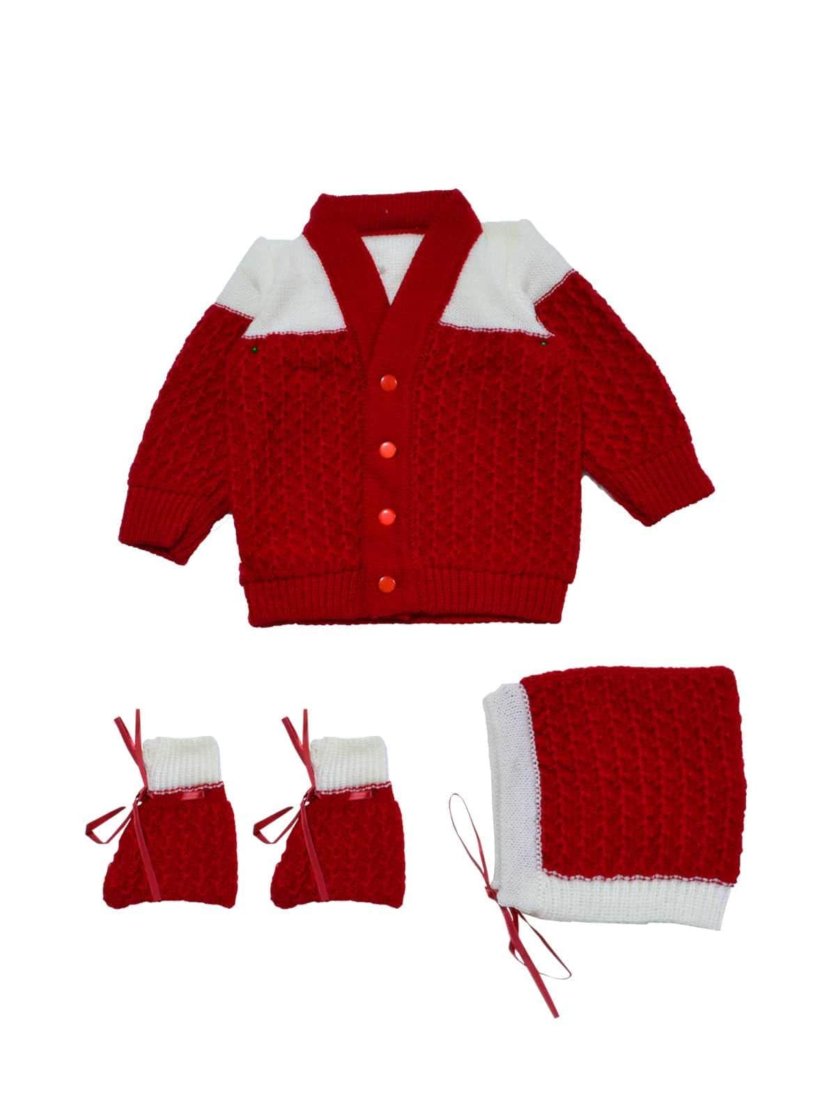 Little Angels Little Angels Sweater Set Baby Wool Full Sleeves V-Neck Fair Isle Knitted Peach 3-Piece Set Sweater Sets Tiny Treasures Gems Knit Set 6-12M / Red / Baby Wool