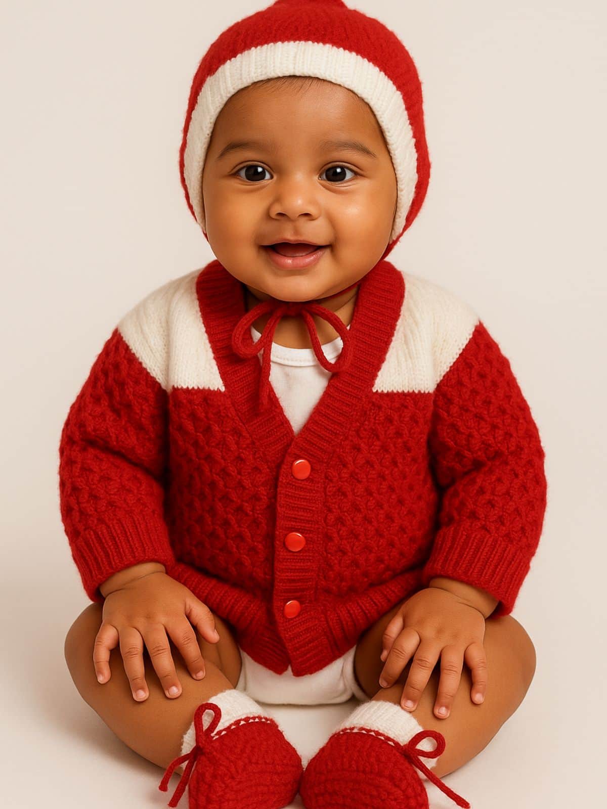 Little Angels Little Angels Sweater Set Baby Wool Full Sleeves V-Neck Fair Isle Knitted Peach 3-Piece Set Sweater Sets Tiny Treasures Gems Knit Set 6-12M / Red / Baby Wool