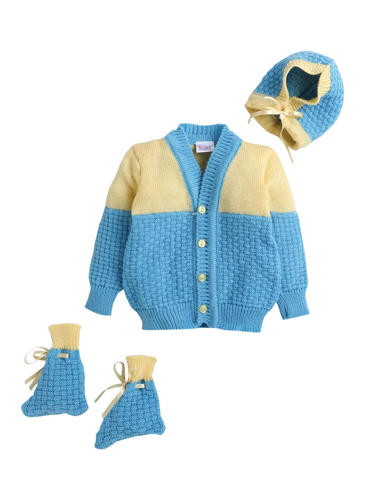 Little Angels Little Angels Sweater Set Baby Wool Full Sleeves V-Neck Color-Block with Basketweave Filling Design Red & Navy 3-Piece Set Sweater Sets Toasty Tots Winter Charm Set 0-3M / Blue & Yellow / Baby Wool