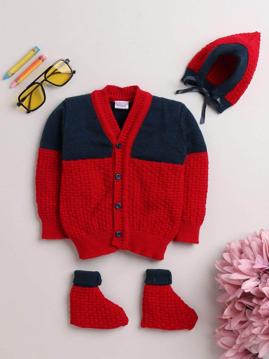 Red & Navy basketweave knit 3-piece baby wool sweater set for newborn 0-12 months by Little Angels