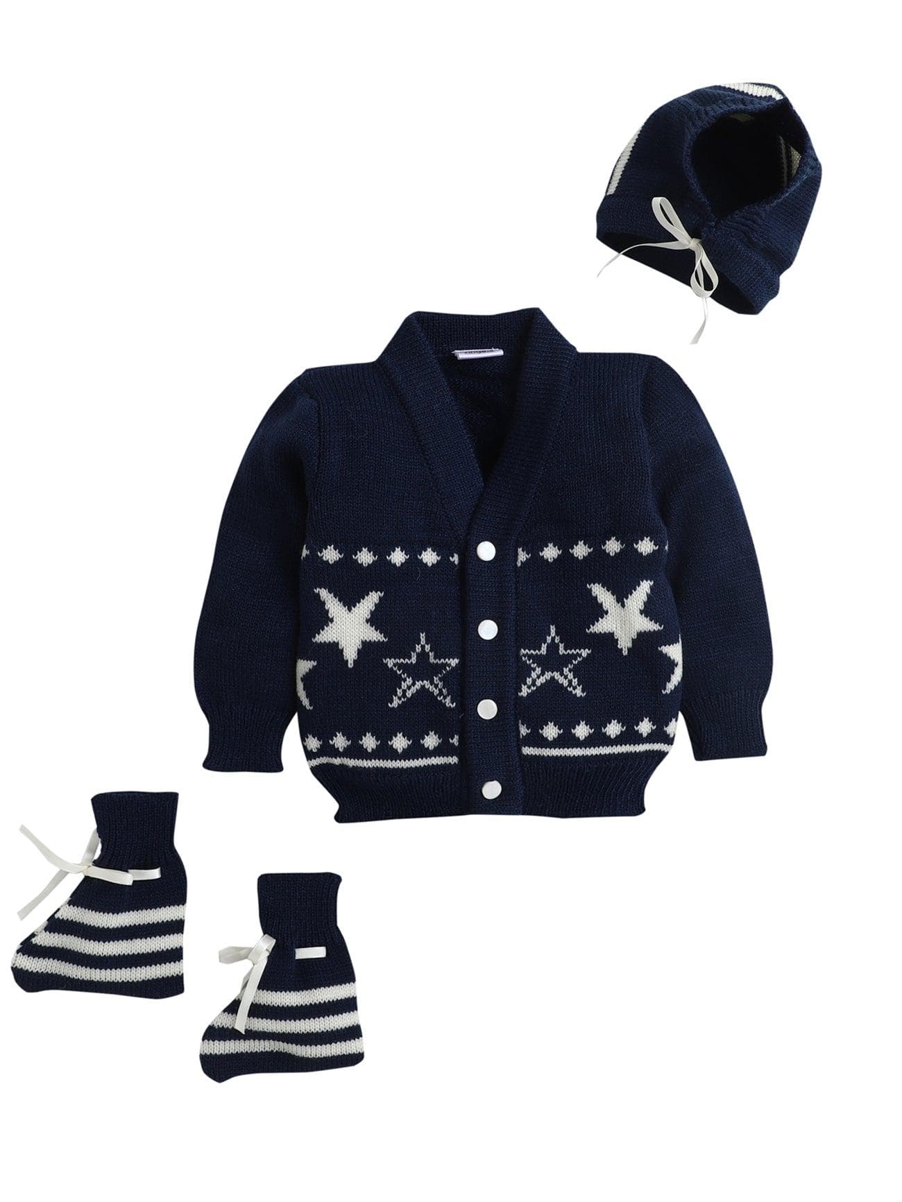 Little Angels Little Angels Sweater Set Baby Wool Full Sleeves V-Neck Jacquard Star Design Blue & Cream 3-Piece Set Sweater Sets Twinkle Nest Baby Knit Set 0-3M / Blue+Navy / Baby Wool