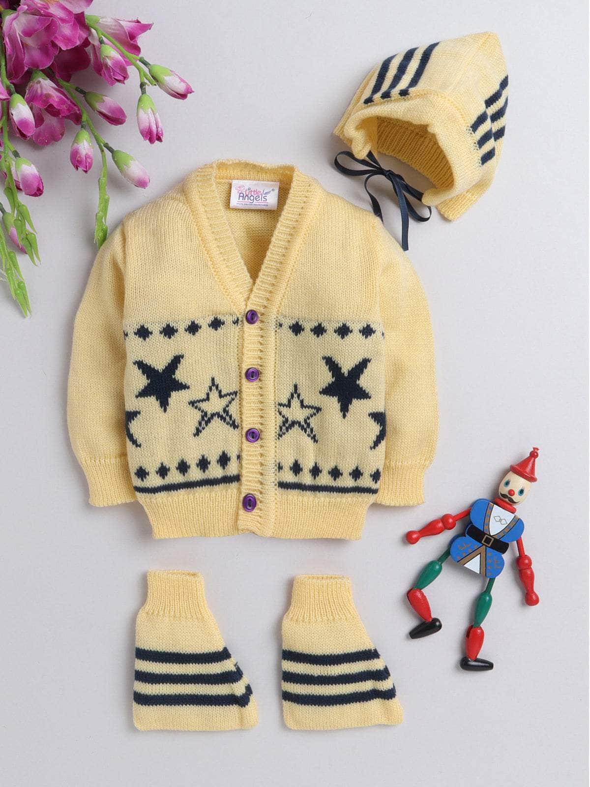 Little Angels Little Angels Sweater Set Baby Wool Full Sleeves V-Neck Jacquard Star Design Blue & Cream 3-Piece Set Sweater Sets Twinkle Nest Baby Knit Set 0-3M / Yellow & Navy / Baby Wool