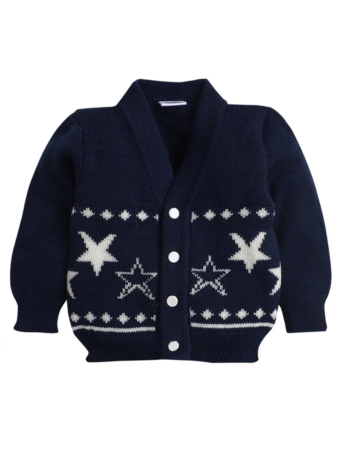 Little Angels Little Angels Sweater Set Baby Wool Full Sleeves V-Neck Jacquard Star Design Blue & Cream 3-Piece Set Sweater Sets Twinkle Nest Baby Knit Set
