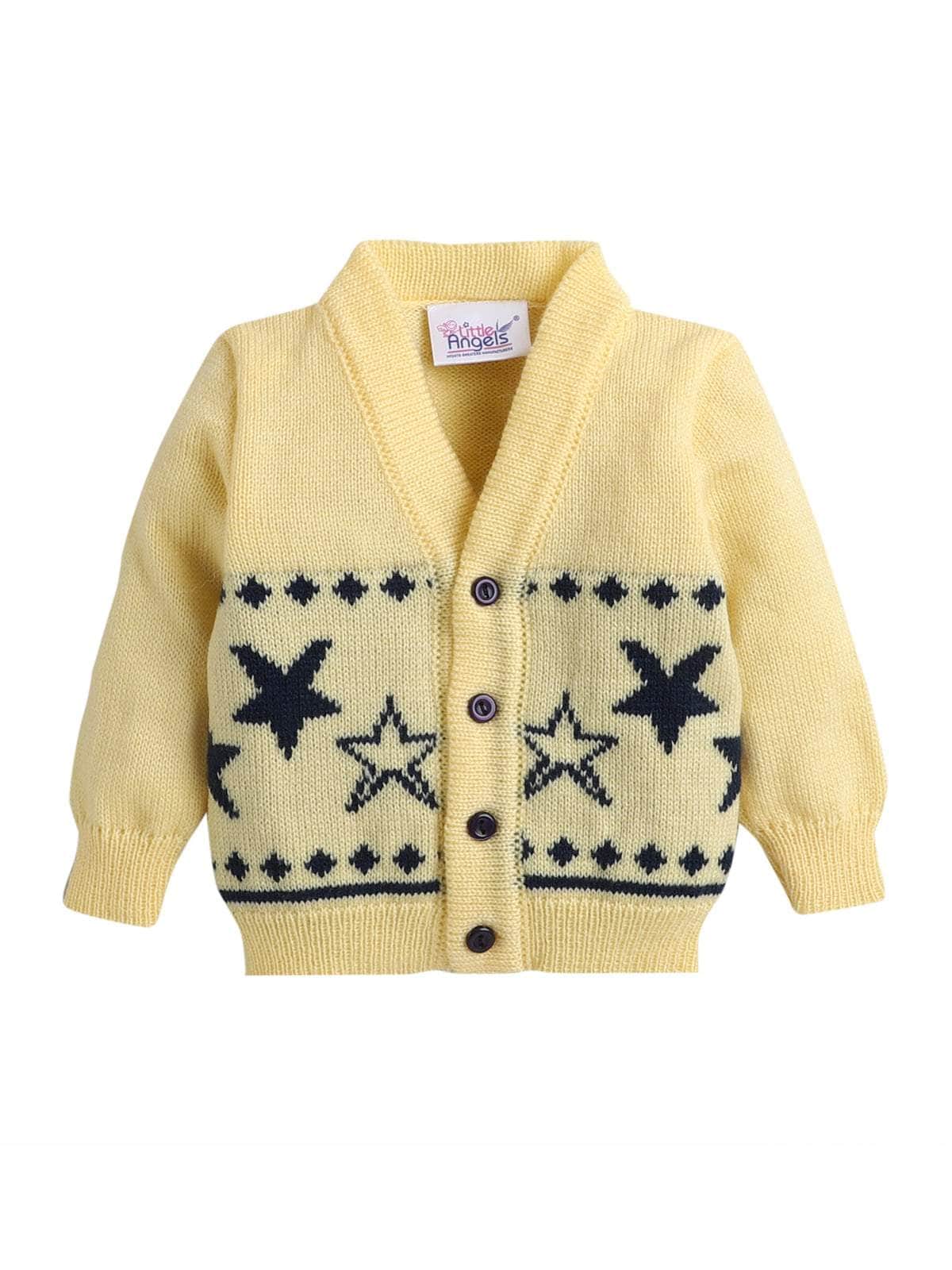 Little Angels Little Angels Sweater Set Baby Wool Full Sleeves V-Neck Jacquard Star Design Blue & Cream 3-Piece Set Sweater Sets Twinkle Nest Baby Knit Set