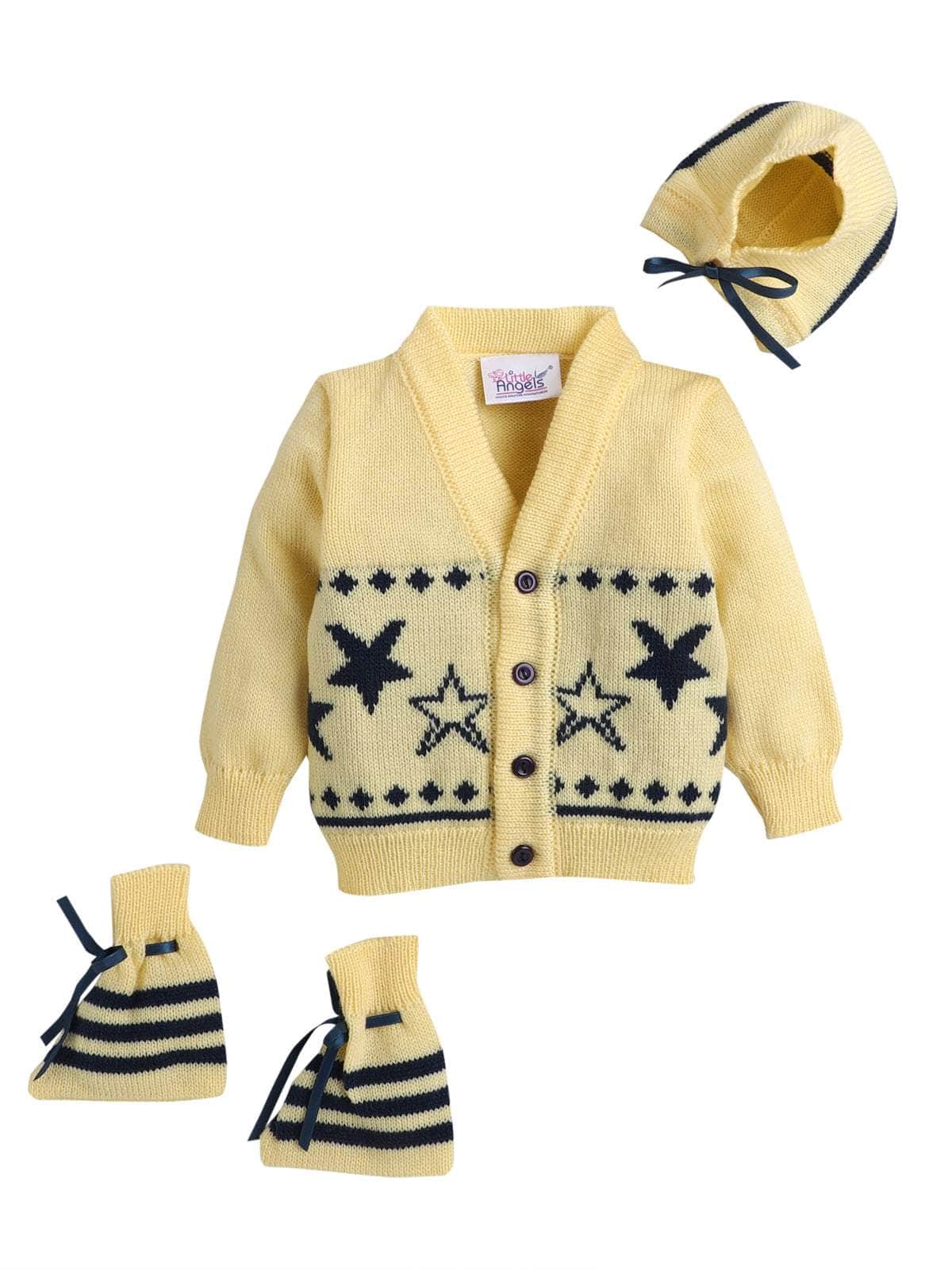 Little Angels Little Angels Sweater Set Baby Wool Full Sleeves V-Neck Jacquard Star Design Blue & Cream 3-Piece Set Sweater Sets Twinkle Nest Baby Knit Set