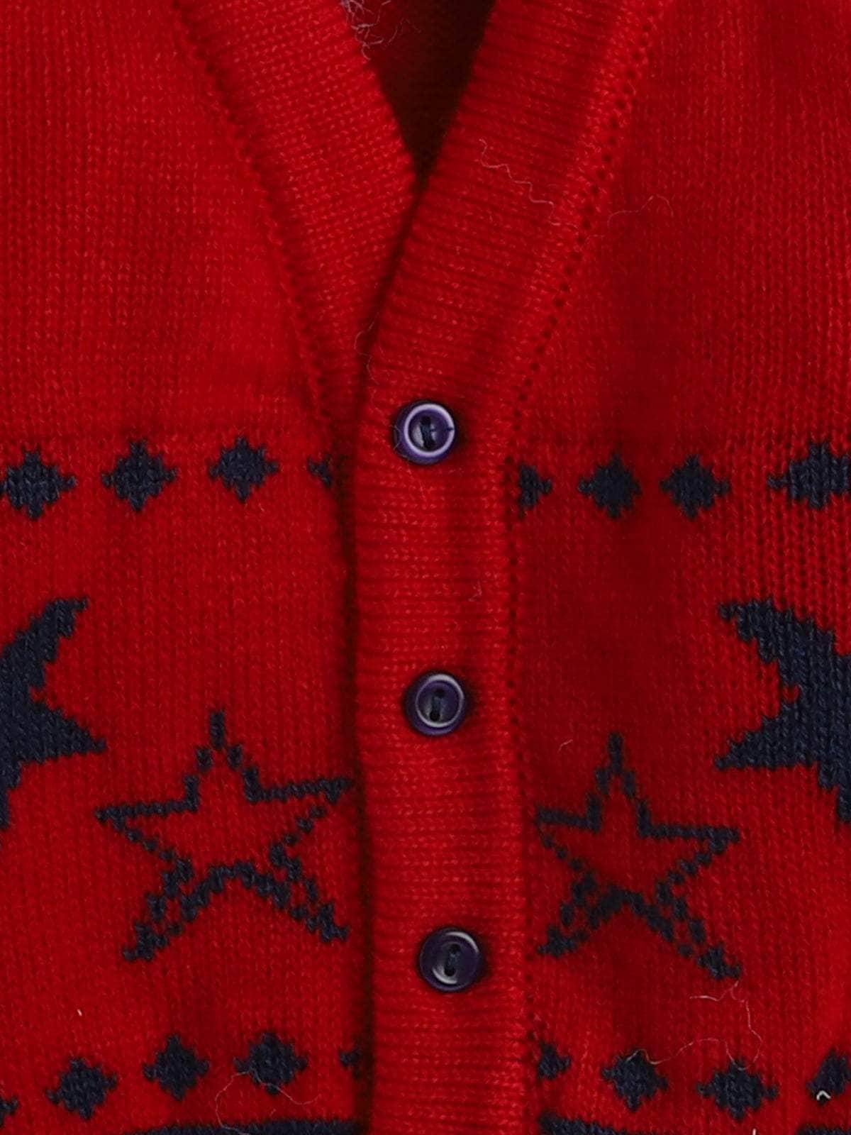 Little Angels Little Angels Sweater Set Baby Wool Full Sleeves V-Neck Jacquard Star Design Red & Navy 3-Piece Set Sweater Sets Twinkle Nest Baby Knit Set
