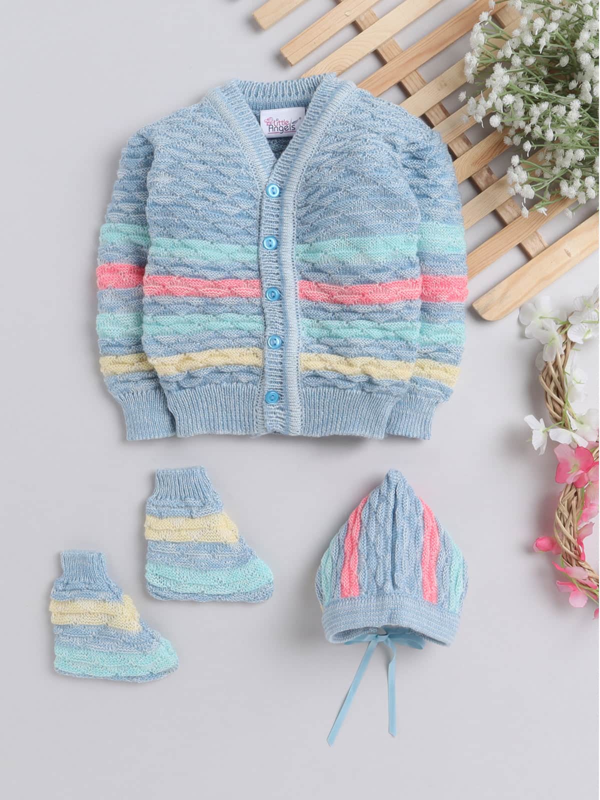 Little Angels Little Angels V-Neck Full Sleeves Full Sleeves Multi Striped Cardigan, Tie-Knot Cap and Socks Sweater Sets Twinkle Weave Baby Wool Set 0-3M / Blue / Baby Wool