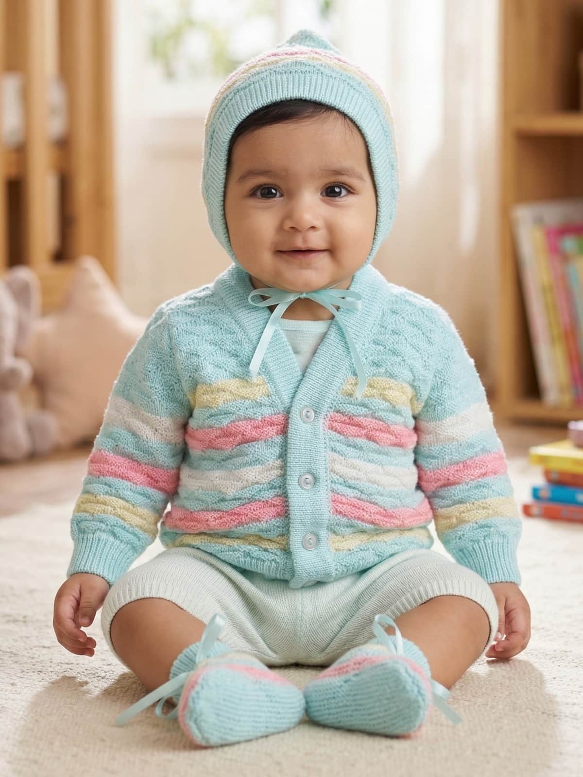 Green multi-stripe 3-piece baby wool sweater set for newborn 0-12 months by Little Angels