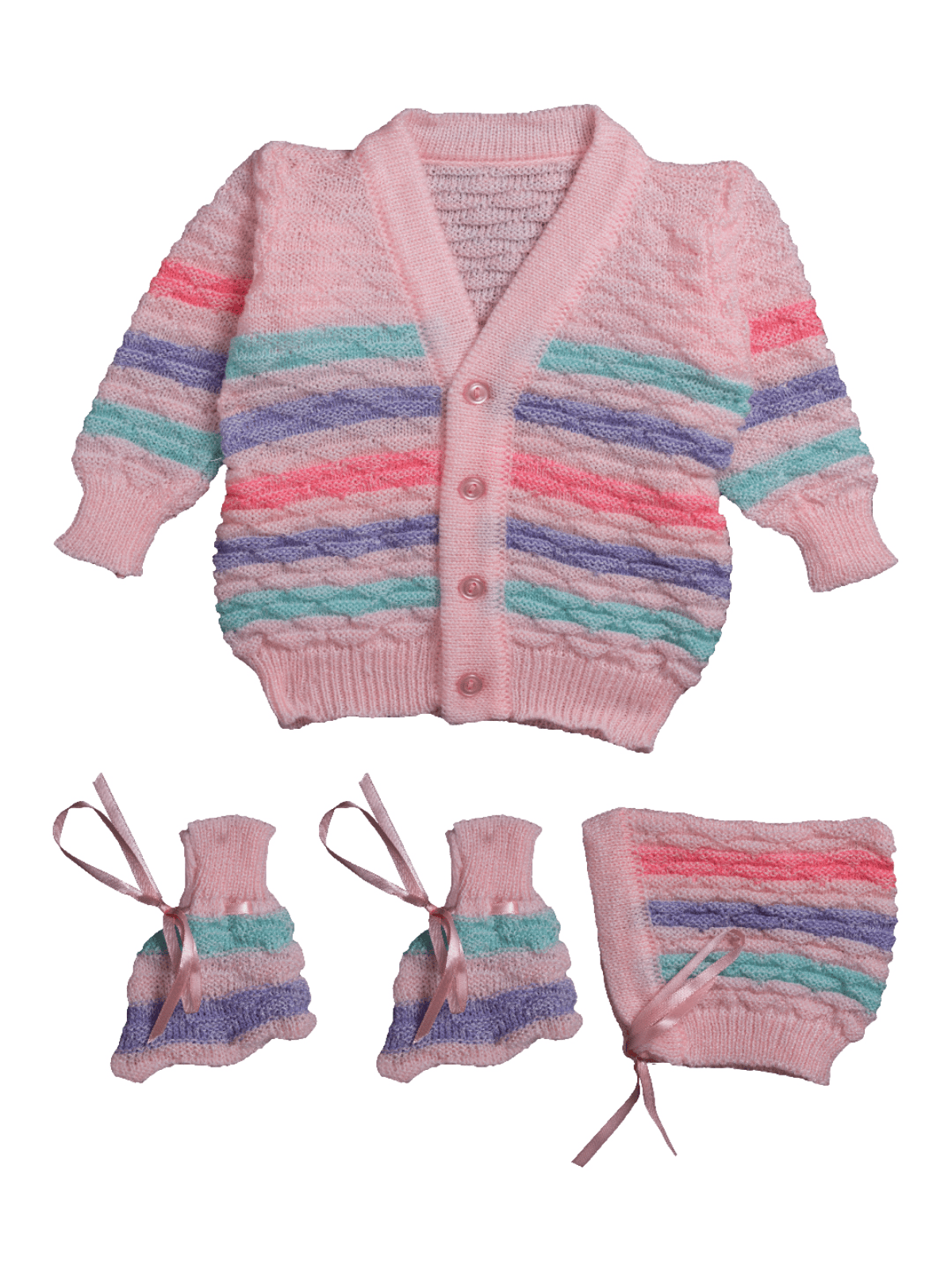 Little Angels Little Angels V-Neck Full Sleeves Full Sleeves Multi Striped Cardigan, Tie-Knot Cap and Socks Sweater Sets Twinkle Weave Baby Wool Set 0-3M / Pink / Baby Wool