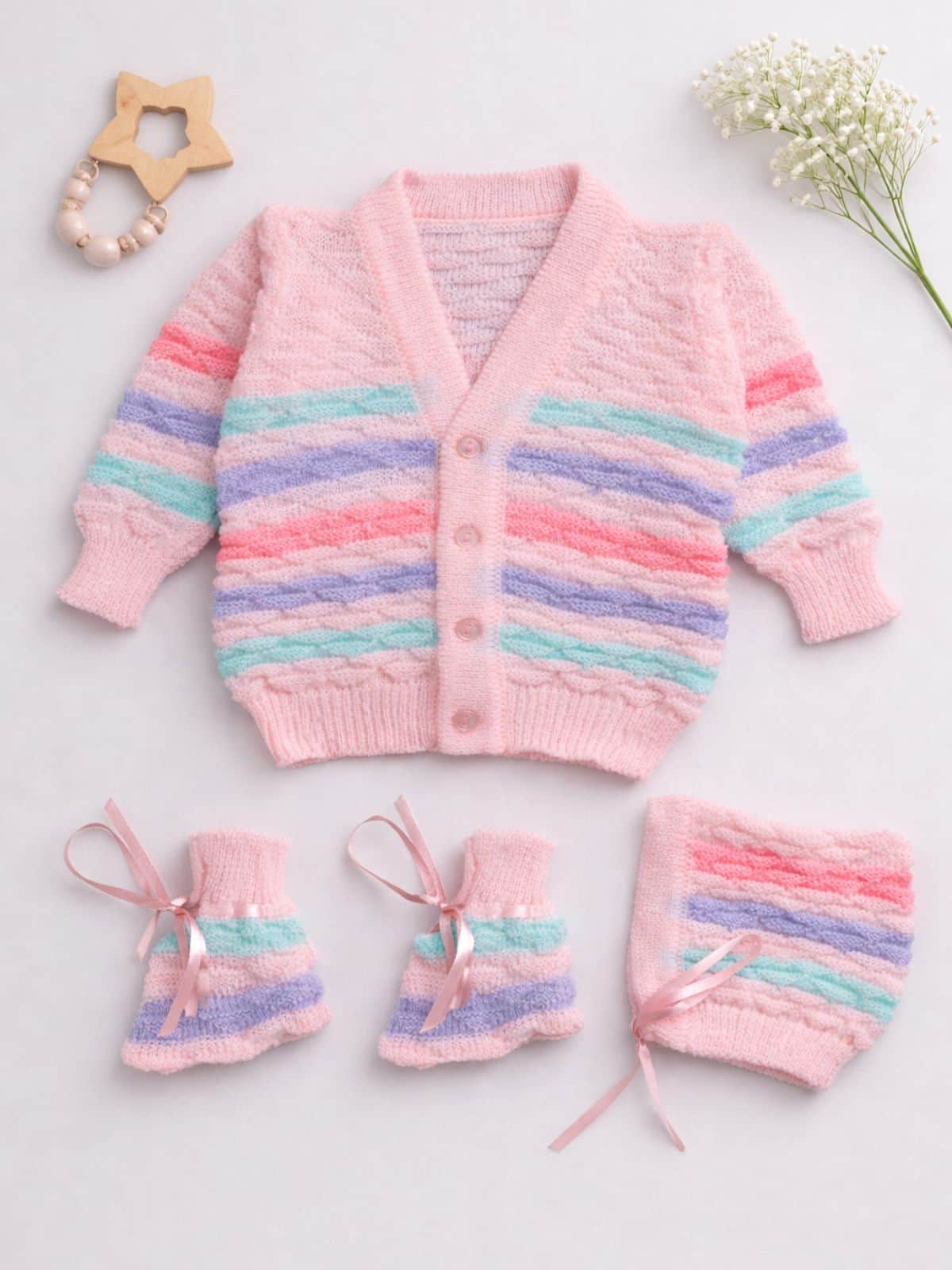 Little Angels Little Angels V-Neck Full Sleeves Full Sleeves Multi Striped Cardigan, Tie-Knot Cap and Socks Sweater Sets Twinkle Weave Baby Wool Set 0-3M / Pink / Baby Wool