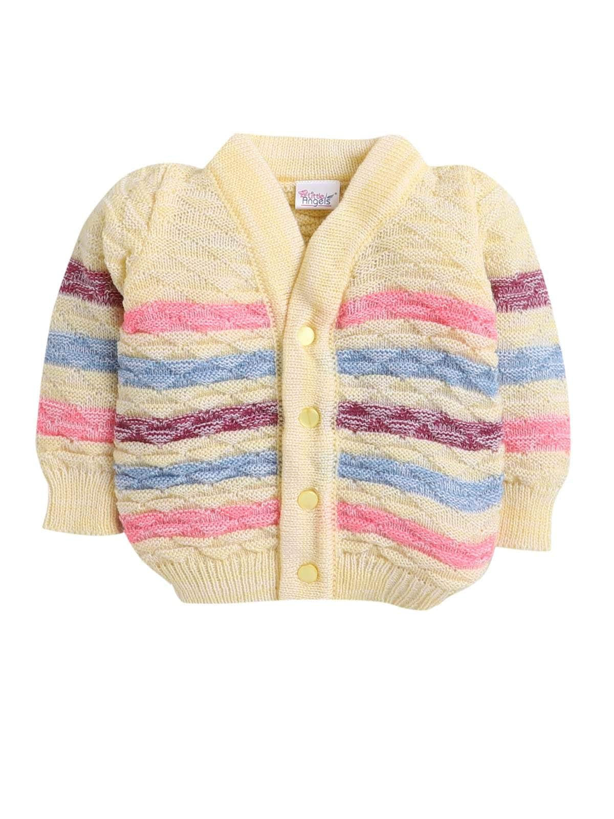 Little Angels Little Angels V-Neck Full Sleeves Full Sleeves Multi Striped Cardigan, Tie-Knot Cap and Socks Sweater Sets Twinkle Weave Baby Wool Set