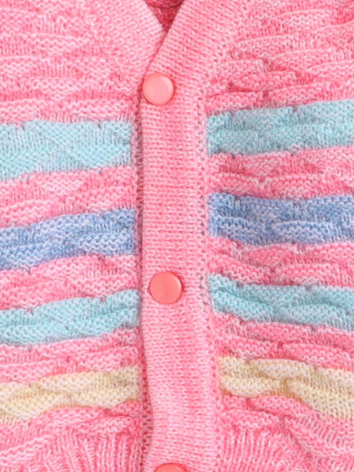 Little Angels Little Angels V-Neck Full Sleeves Full Sleeves Multi Striped Cardigan, Tie-Knot Cap and Socks Sweater Sets Twinkle Weave Baby Wool Set