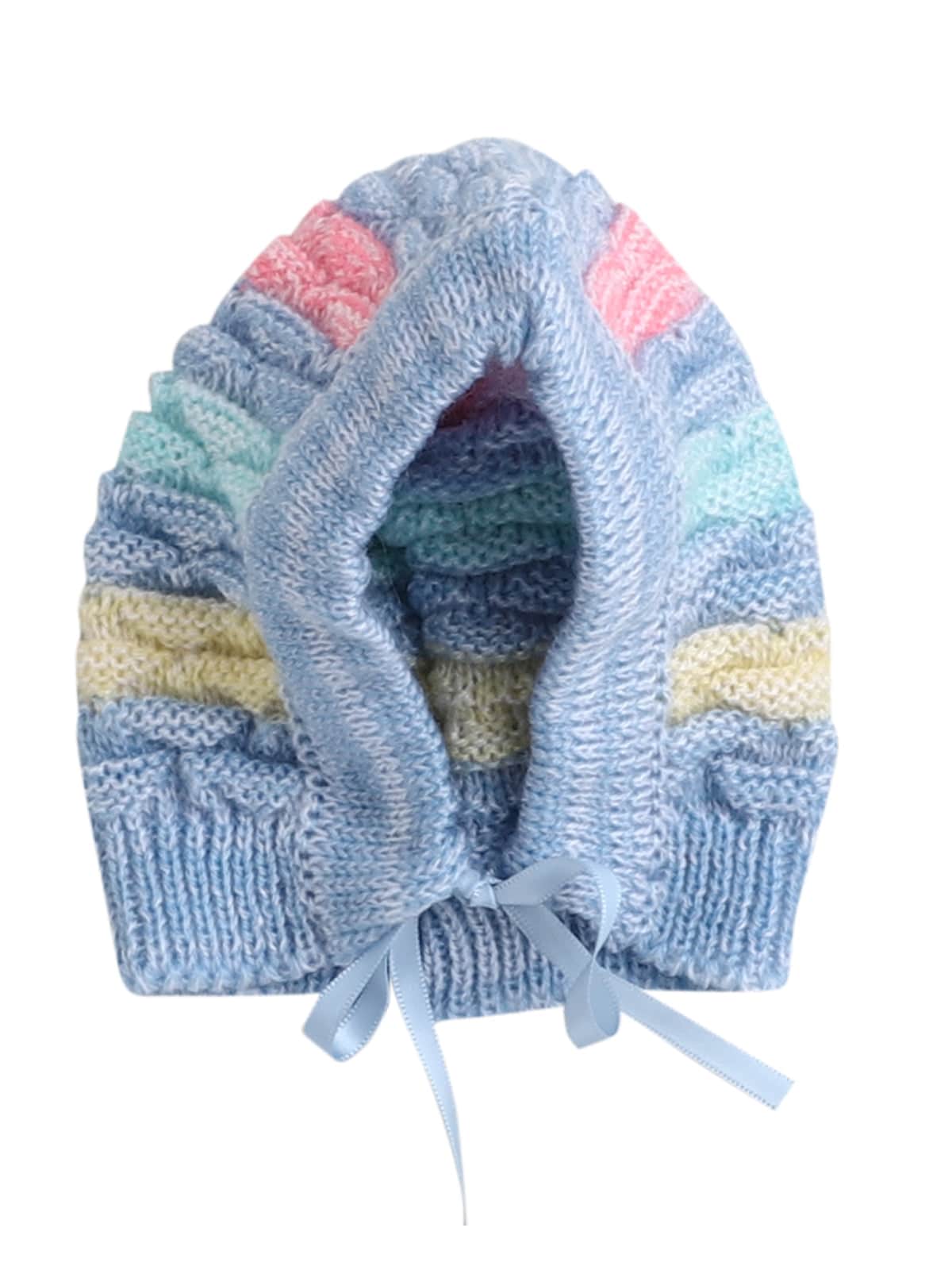 Little Angels Little Angels V-Neck Full Sleeves Full Sleeves Multi Striped Cardigan, Tie-Knot Cap and Socks Sweater Sets Twinkle Weave Baby Wool Set