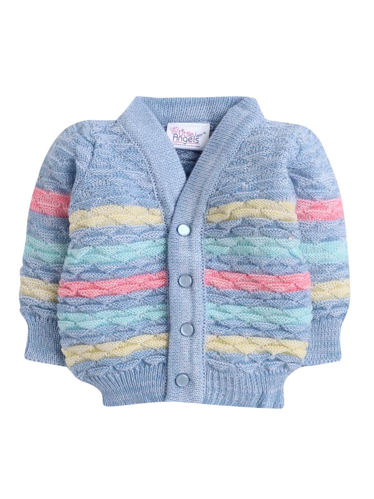 Little Angels Little Angels V-Neck Full Sleeves Full Sleeves Multi Striped Cardigan, Tie-Knot Cap and Socks Sweater Sets Twinkle Weave Baby Wool Set