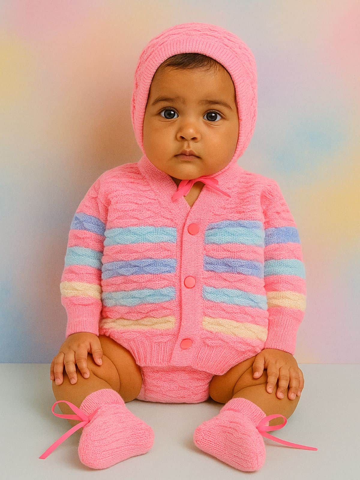 Little Angels Little Angels V-Neck Full Sleeves Full Sleeves Multi Striped Cardigan, Tie-Knot Cap and Socks Sweater Sets Twinkle Weave Baby Wool Set