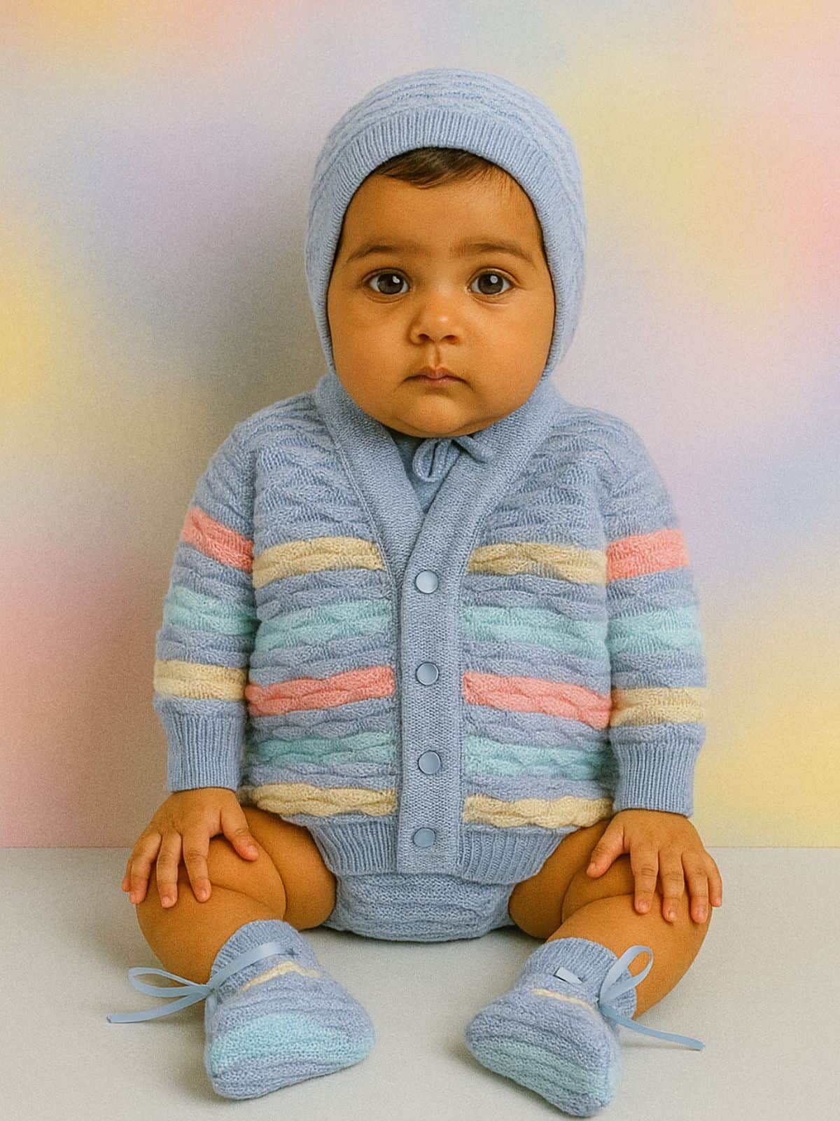 Little Angels Little Angels V-Neck Full Sleeves Full Sleeves Multi Striped Cardigan, Tie-Knot Cap and Socks Sweater Sets Twinkle Weave Baby Wool Set