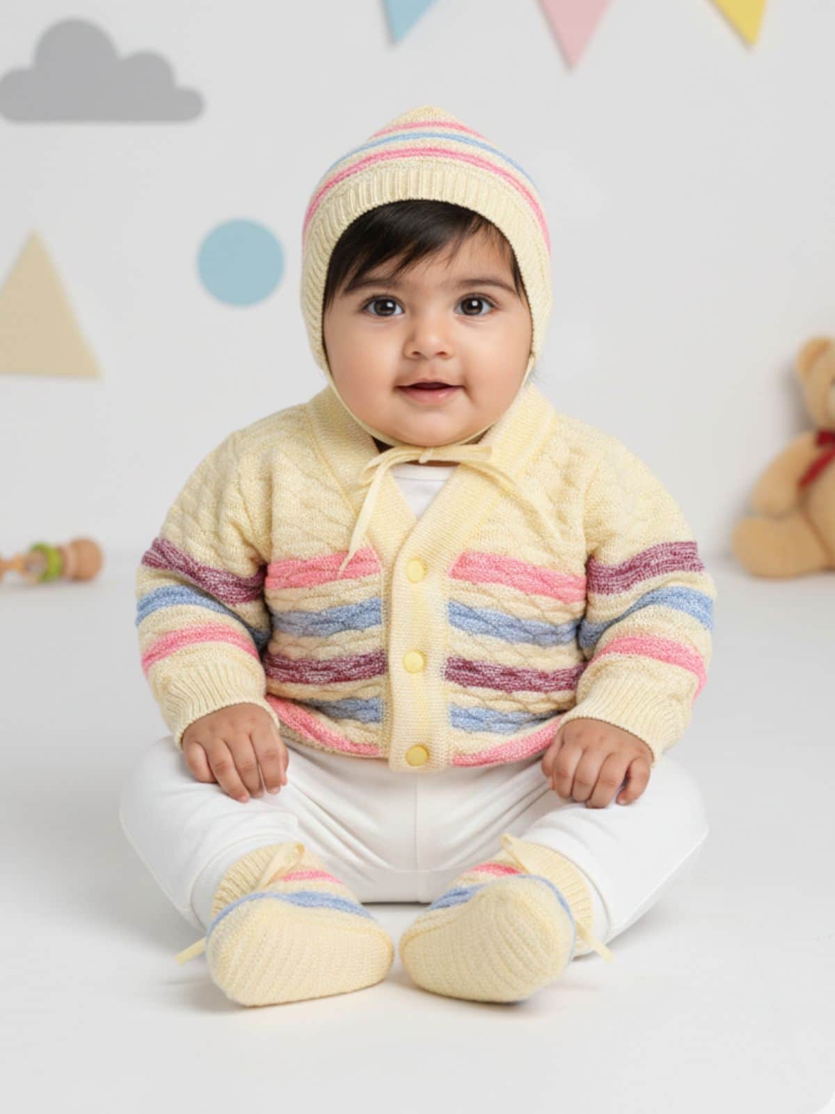 Little Angels Little Angels V-Neck Full Sleeves Full Sleeves Multi Striped Cardigan, Tie-Knot Cap and Socks Sweater Sets Twinkle Weave Baby Wool Set