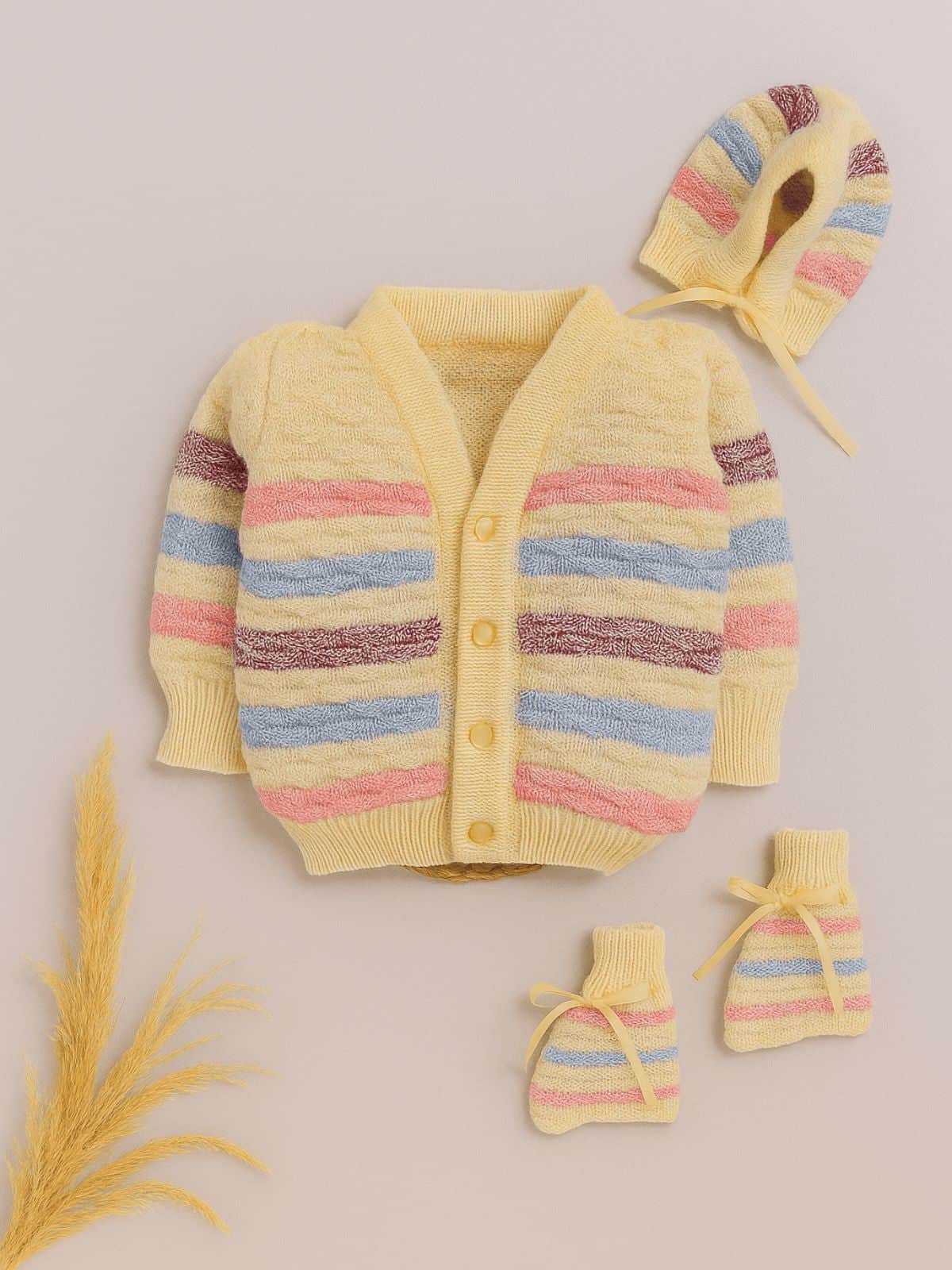 Little Angels Little Angels V-Neck Full Sleeves Full Sleeves Multi Striped Cardigan, Tie-Knot Cap and Socks Sweater Sets Twinkle Weave Baby Wool Set