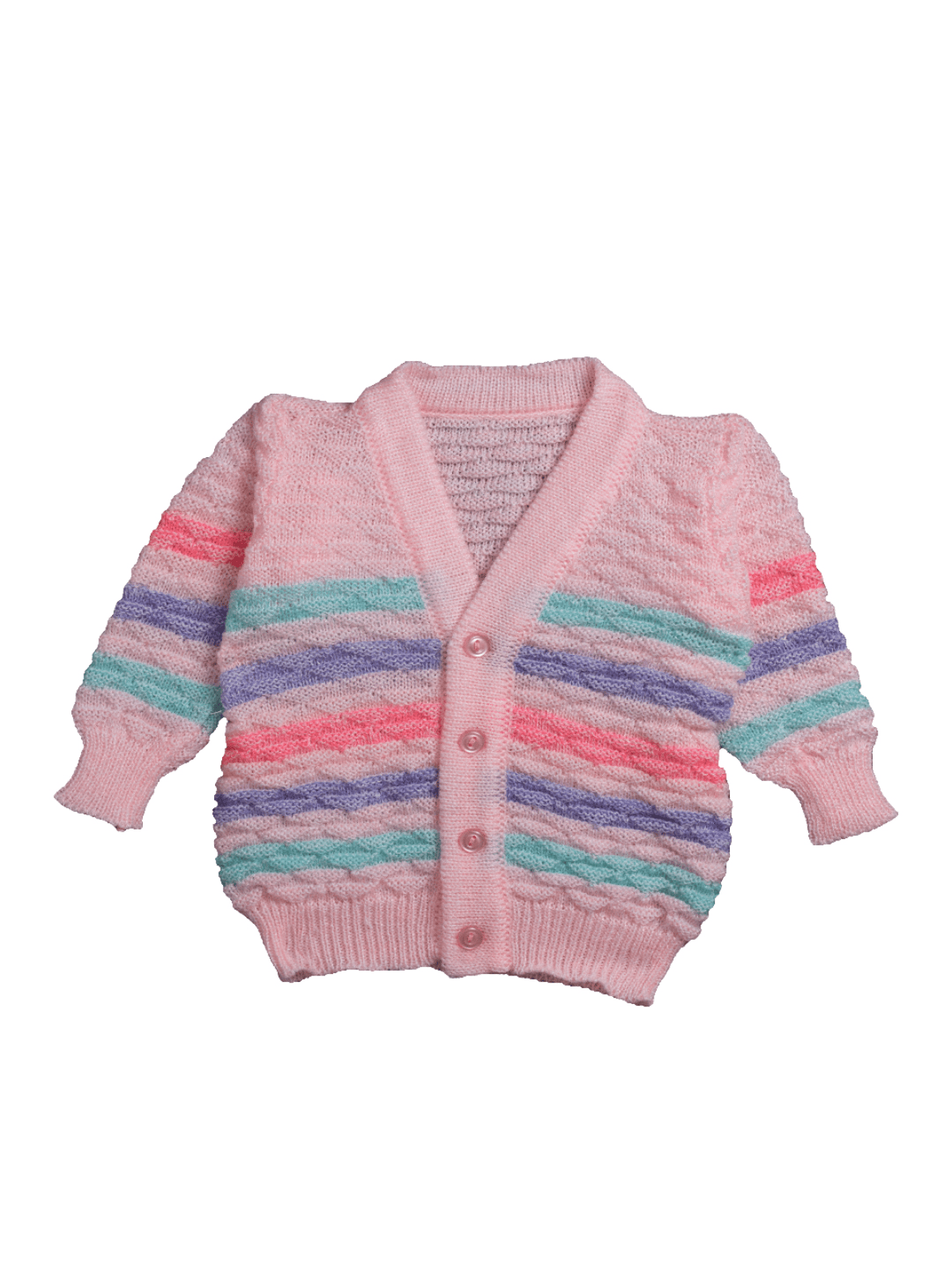 Little Angels Little Angels V-Neck Full Sleeves Full Sleeves Multi Striped Cardigan, Tie-Knot Cap and Socks Sweater Sets Twinkle Weave Baby Wool Set