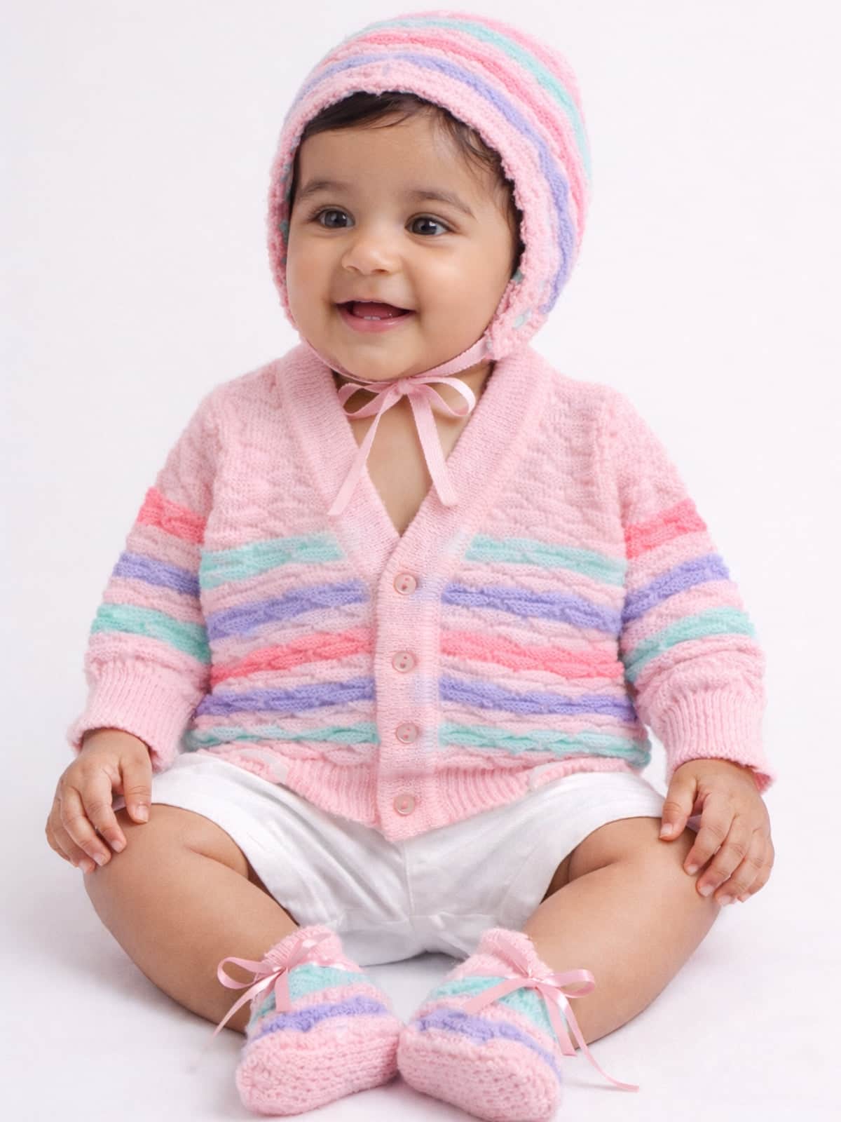 Little Angels Little Angels V-Neck Full Sleeves Full Sleeves Multi Striped Cardigan, Tie-Knot Cap and Socks Sweater Sets Twinkle Weave Baby Wool Set