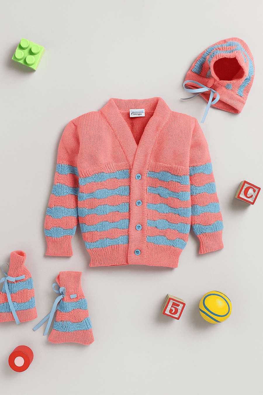 Neon Pink & Blue striped 3-piece baby wool sweater set for baby 3-12 months by Little Angels