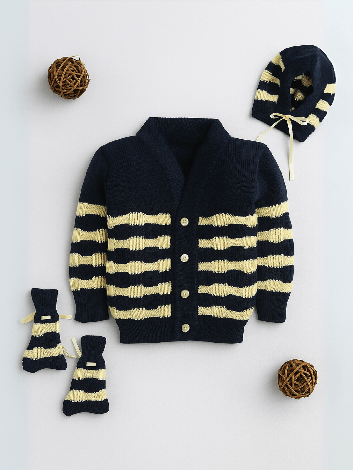 Navy & Yellow striped 3-piece baby wool sweater set for newborn 0-12 months by Little Angels