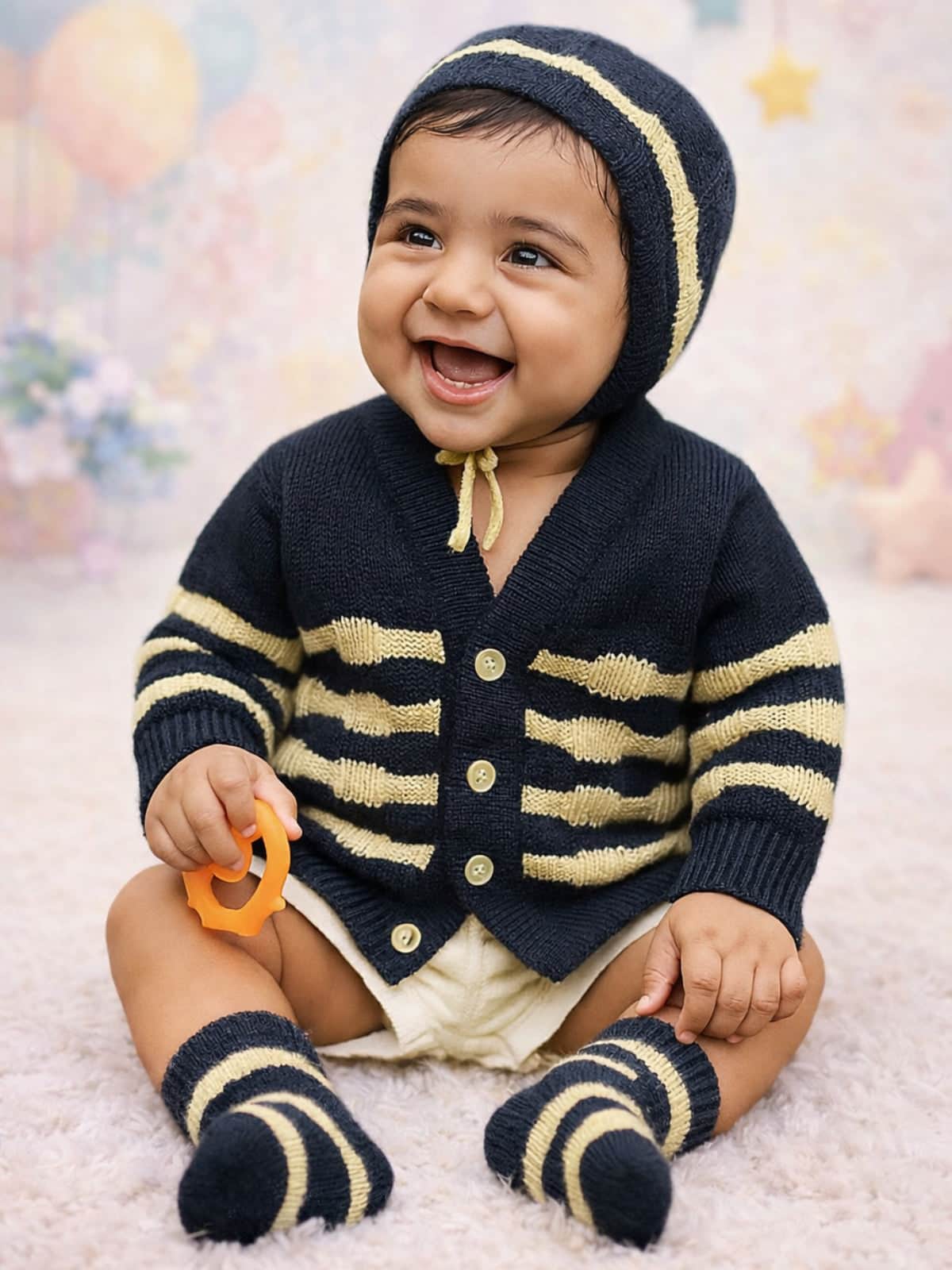 Little Angels Little Angels V-Neck Full Sleeves Full Sleeves Striped Cardigan, Tie-Knot Cap and Socks Sweater Sets Waves of Warmth Knit Set 