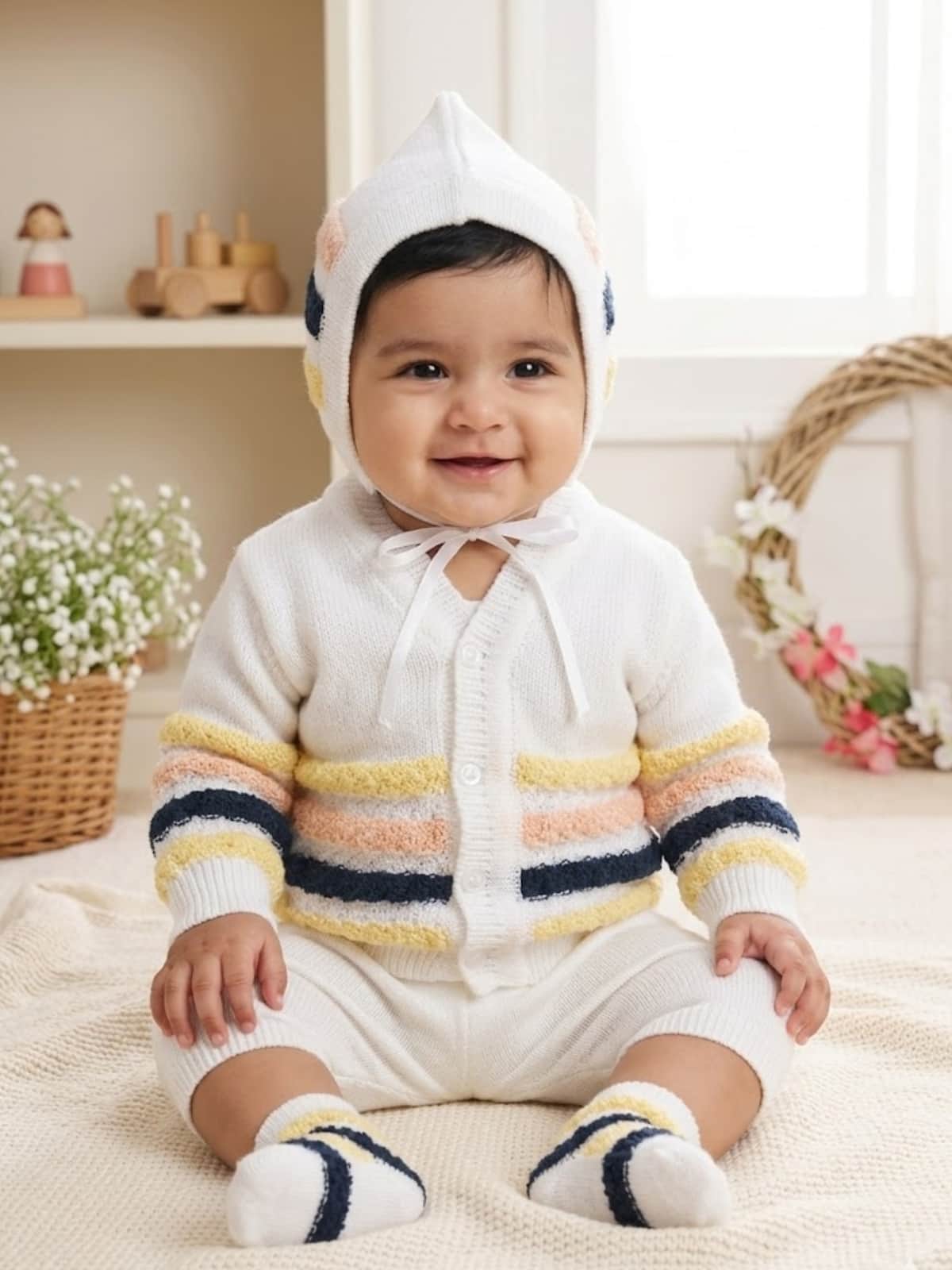 Little Angels Little Angels V-Neck Full Sleeves Full Sleeves Striped Cardigan, Tie-Knot Cap and Socks Sweater Sets Wiggles & Giggles Knit Set 0-3 M / Navy / Baby Wool