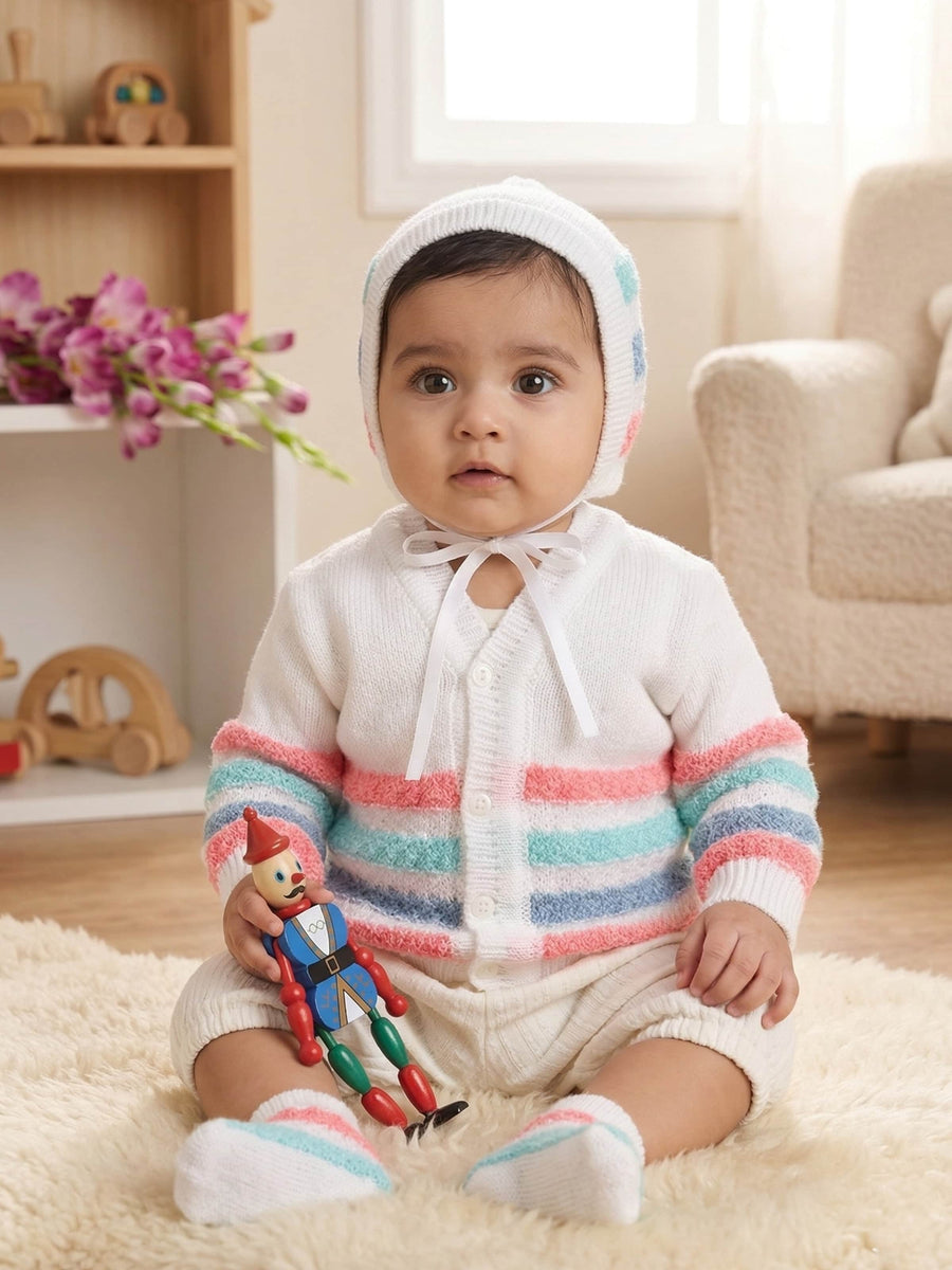 Neon Pink striped 3-piece baby wool sweater set for newborn 0-12 months by Little Angels