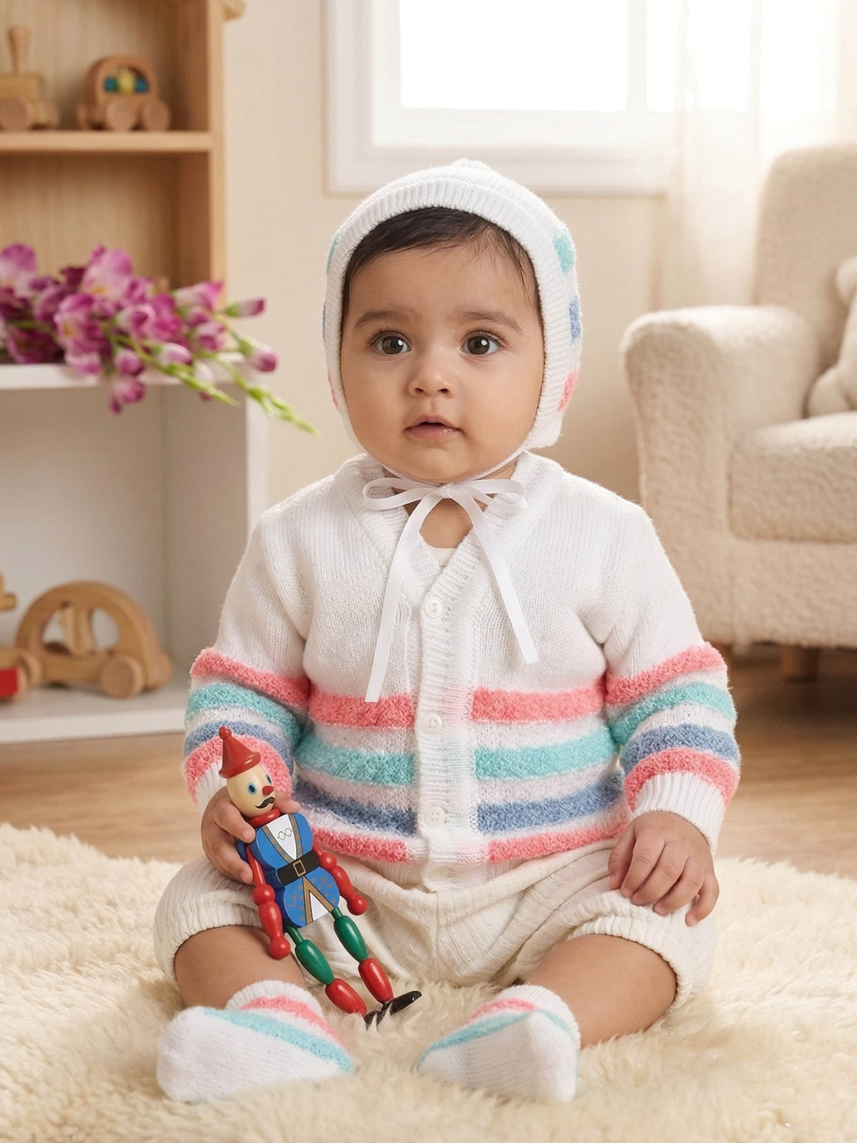 Neon Pink striped 3-piece baby wool sweater set for newborn 0-12 months by Little Angels