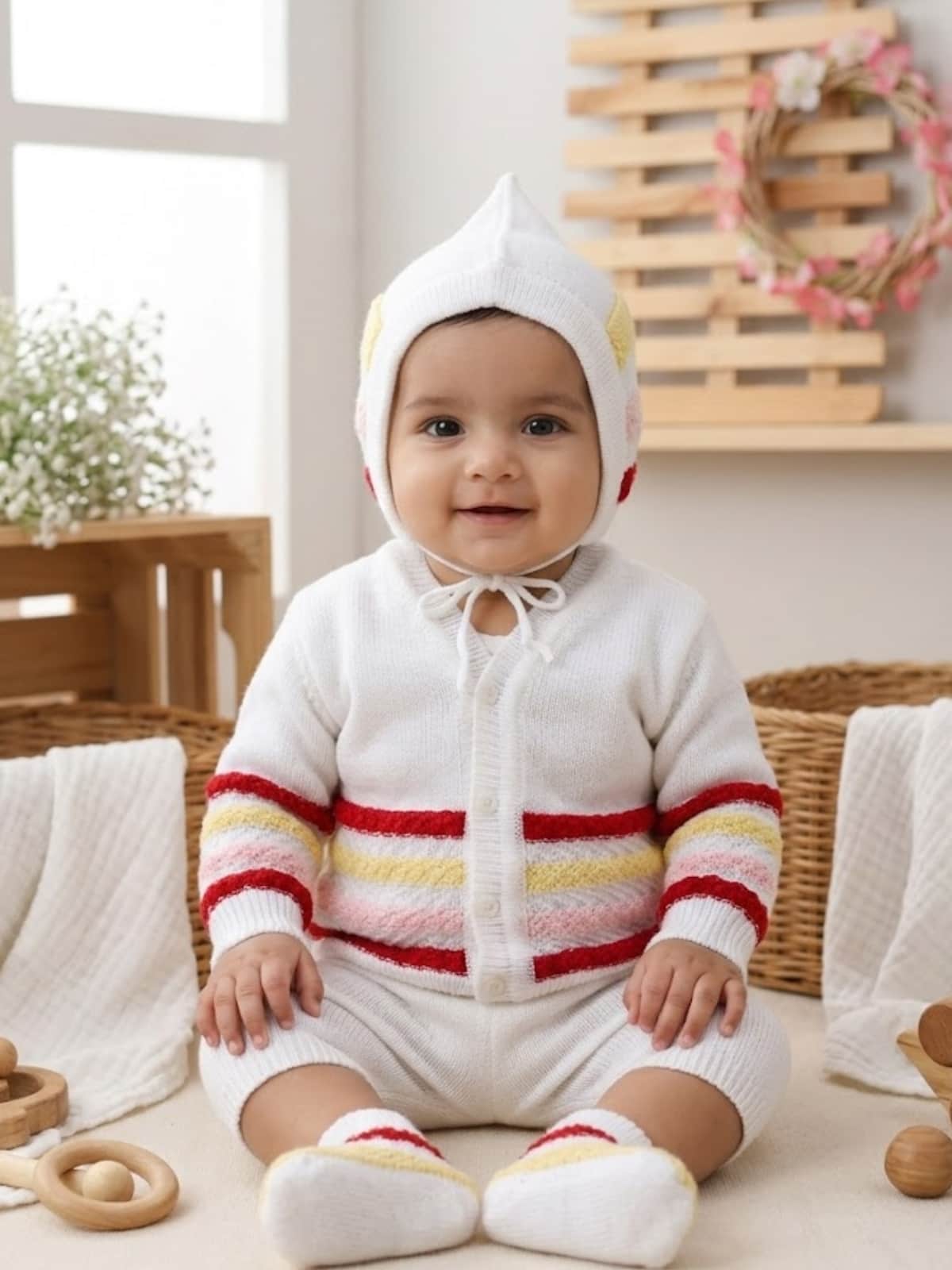 Little Angels Little Angels V-Neck Full Sleeves Full Sleeves Striped Cardigan, Tie-Knot Cap and Socks Sweater Sets Wiggles & Giggles Knit Set 0-3 M / Red / Baby Wool