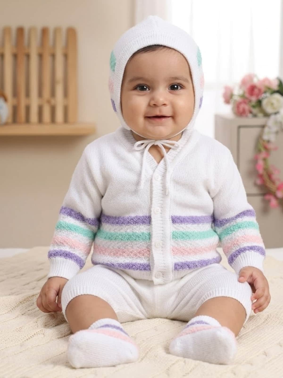 Little Angels Little Angels V-Neck Full Sleeves Full Sleeves Striped Cardigan, Tie-Knot Cap and Socks Sweater Sets Wiggles & Giggles Knit Set 0-3 M / Violet / Baby Wool