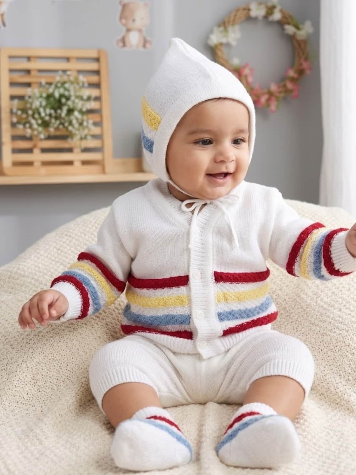 Little Angels Little Angels V-Neck Full Sleeves Full Sleeves Striped Cardigan, Tie-Knot Cap and Socks Sweater Sets Wiggles & Giggles Knit Set 0-3 M / White & Red / Baby Wool