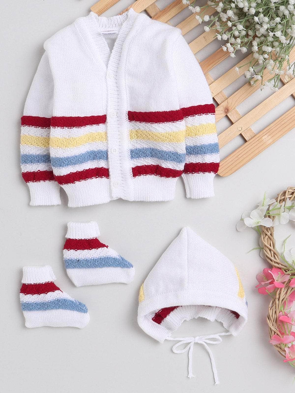 Little Angels Little Angels V-Neck Full Sleeves Full Sleeves Striped Cardigan, Tie-Knot Cap and Socks Sweater Sets Wiggles & Giggles Knit Set 0-3M / White/Red / Baby Wool